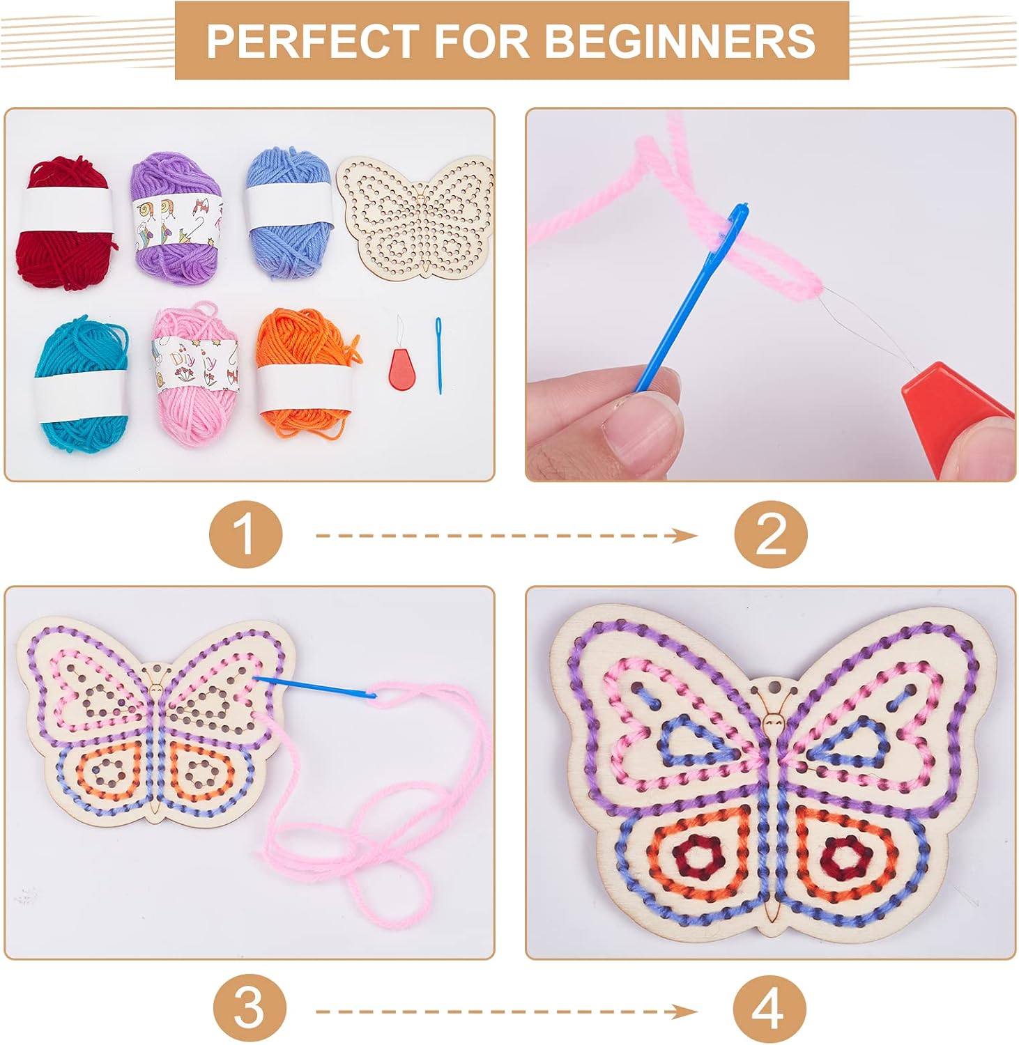 FREEBLOSS 6 Set Butterfly Wooden Threading Kits First Sewing Kit Wooden ...