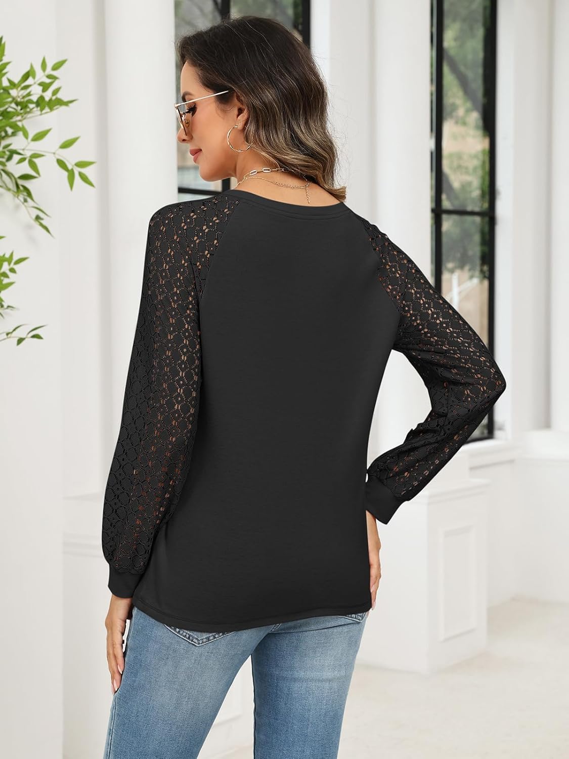 Minetom Women's Lace Long Sleeve Tops Henley Shirts Casual Blouses T Shirts Fall Clothes - Image 5