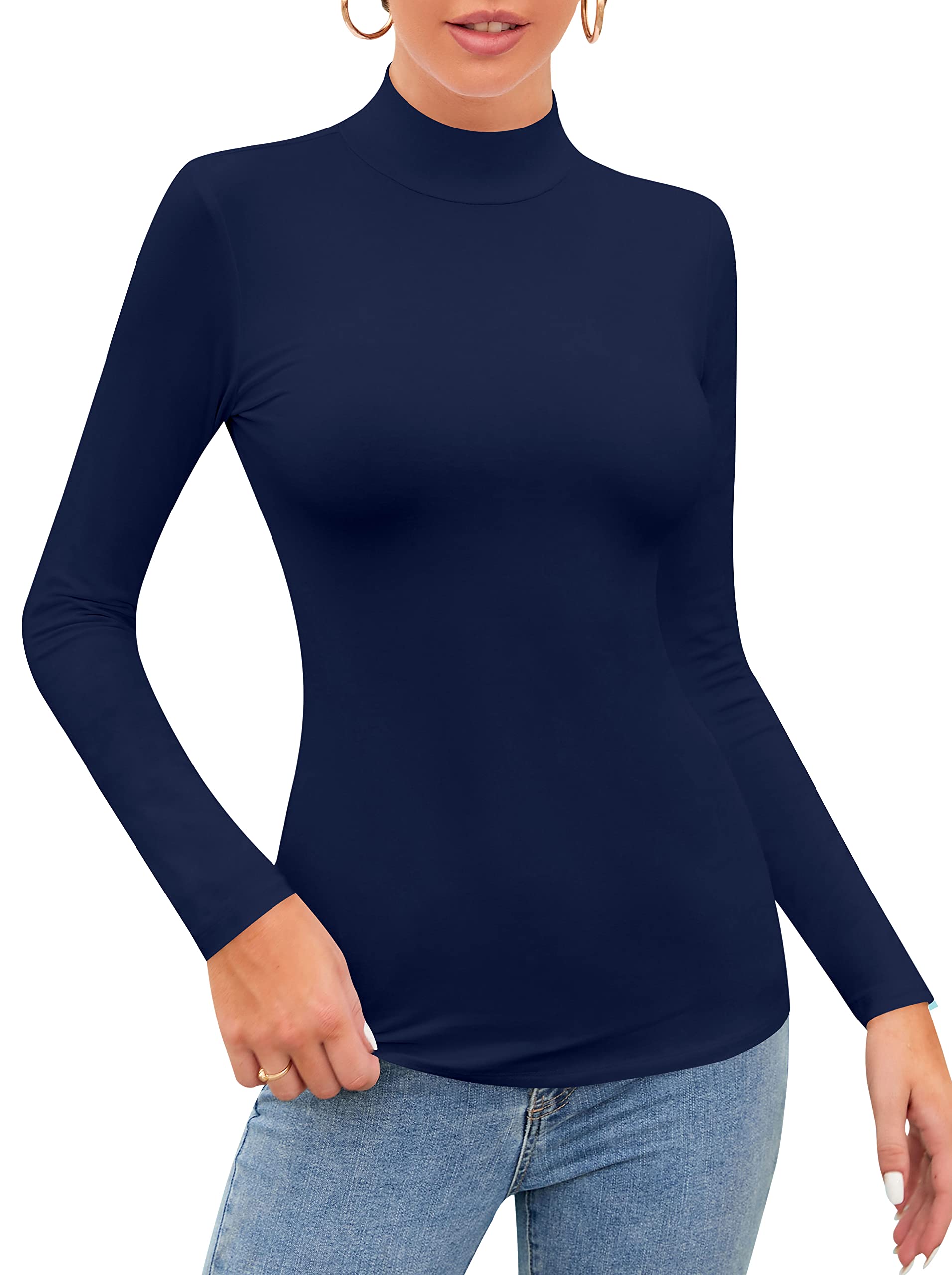 SHEIUGU Women’s Long Sleeve Mock Turtle Neck Tops Basic Stretchy Fitted Underwear Layer Tee Shirts(Navy Blue-A-Large)