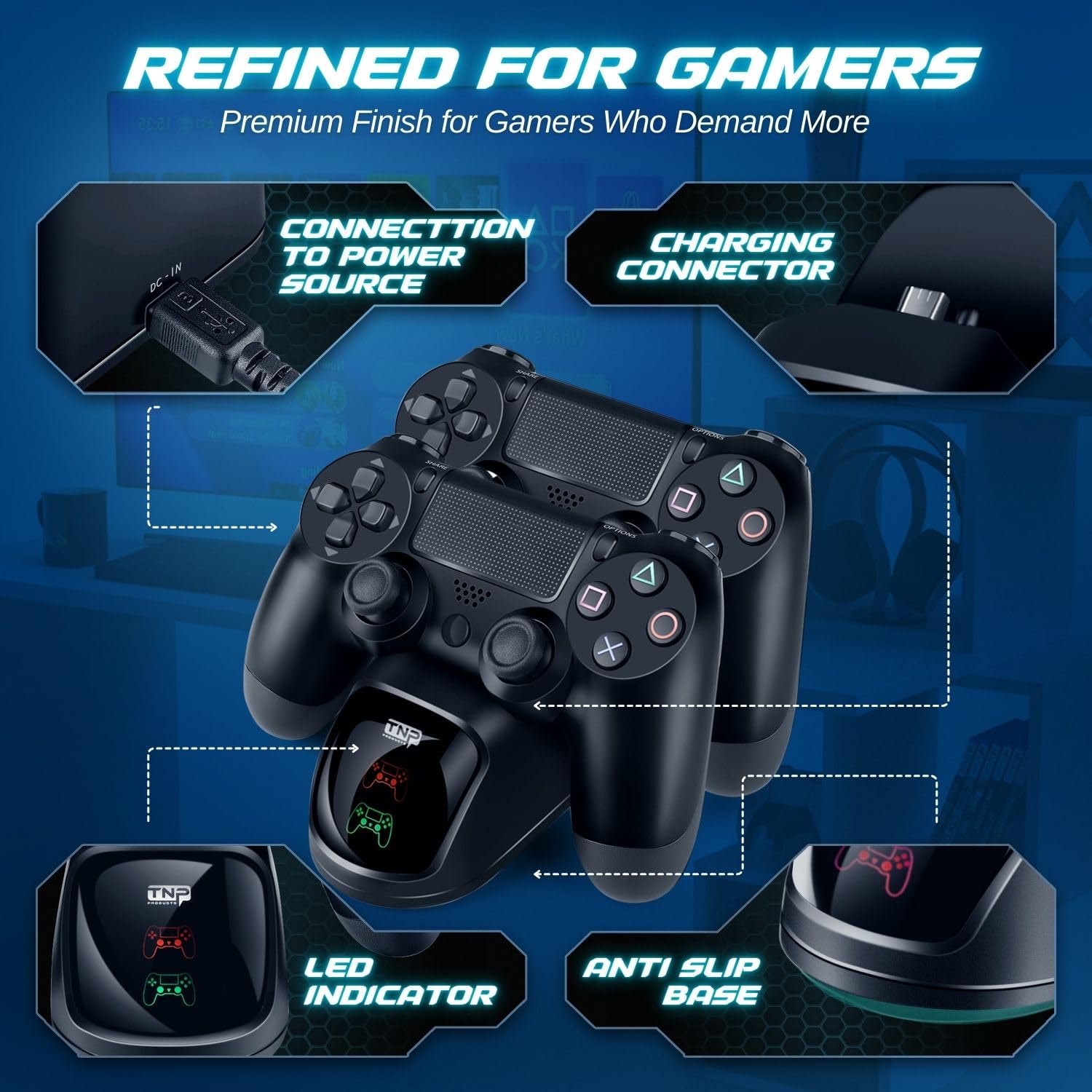 TNP Station de Charge pour Manette PS4-Chargeur Rapide avec Double Socle Port USB Dualshock et Base et Indicateur LED pour Sony Playstation 4 PS4 / Slim/Pro Contrôleur sans Fil avec Câble de Câble