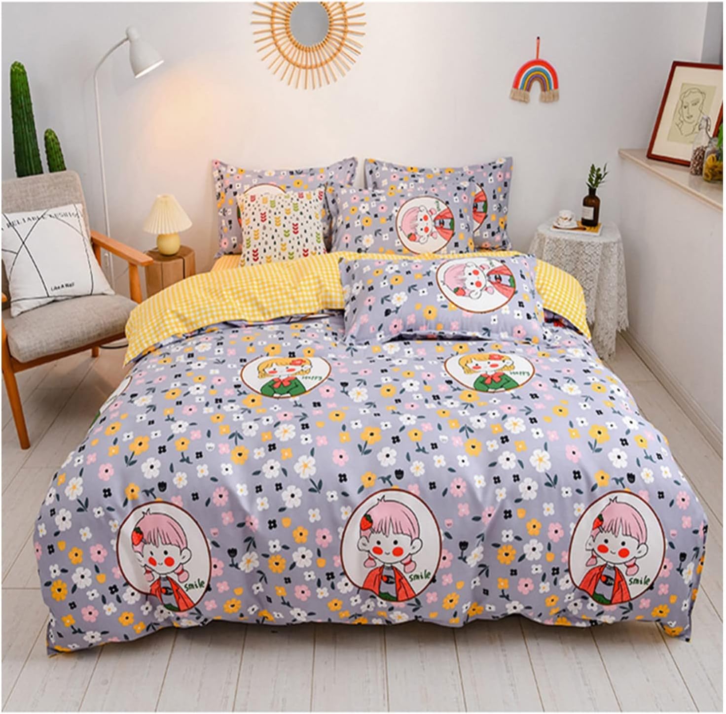 Bedroom Household Bedclothes Four-Piece Set Quilt Cover Bedsheet Pillowcase Student Dormitory Four-Piece Set Cute Bed Sheets(Color:c Size:150 * 200cm)