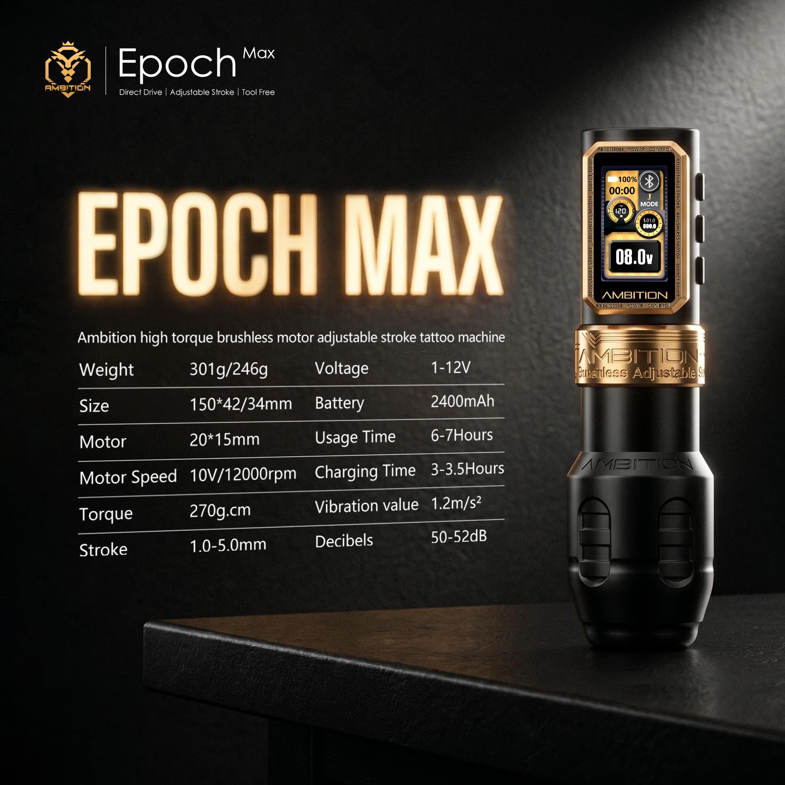 Ambition Epoch Max Drahtlose Tattoo Maschine Tätowiermaschine, werkzeugloser Direktantrieb mit verstellbarem Hub, 270 g·cm Drehmoment Brushless Motor, Dual 2400mAh Akku, Rotary Pen für Profis