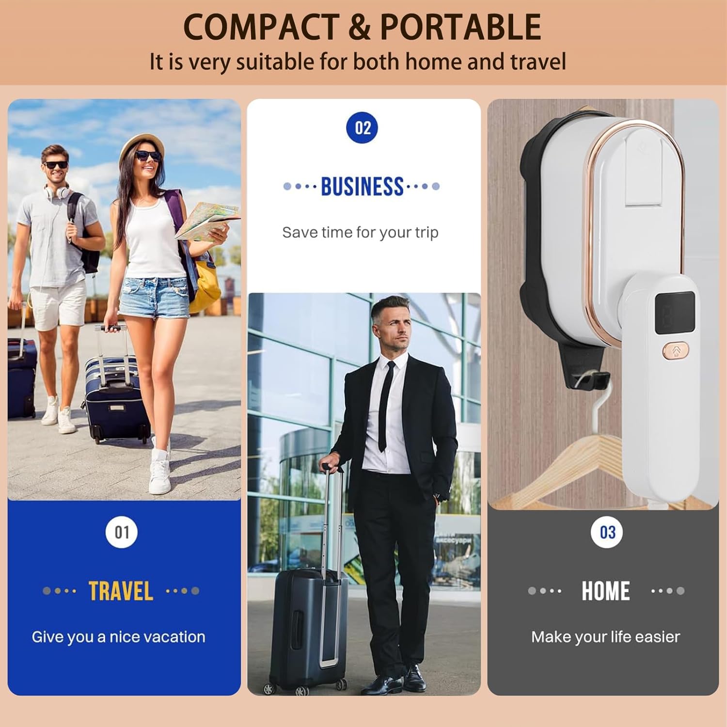 Steamer for Clothes, Wall Mounted Wet Dry Dual-purpose Portable Ironing Machine, 3 Level Adjustable Digital Display Screen 1200W High-power Steam Iron, Suitable for Home, Travel & Dormitory (White)