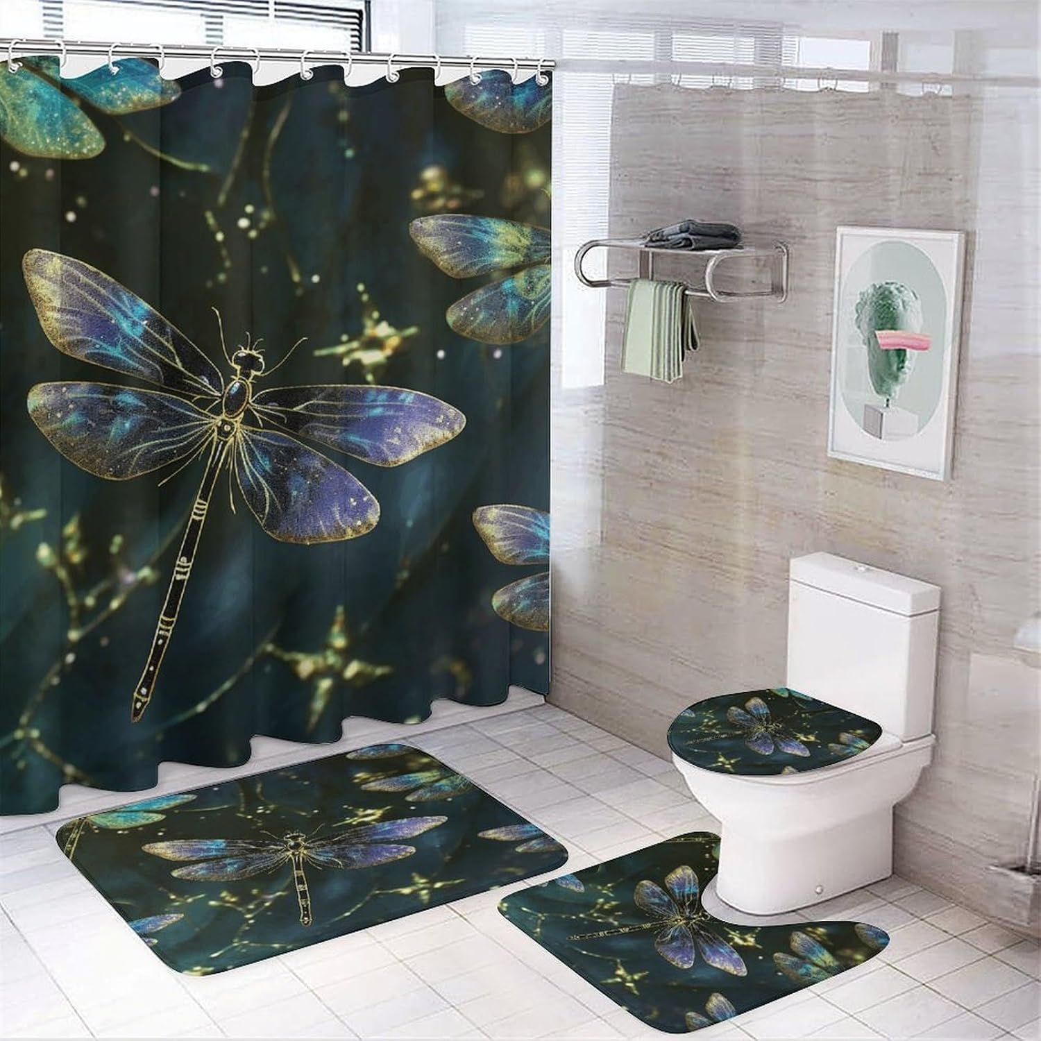 Dragonfly Bathroom Rugs Sets 4 Piece | Shower curtain sets, non-slip absorbent soft flannel bath mat, u-shaped toilet mat & lid cover, bathroom decor accessories