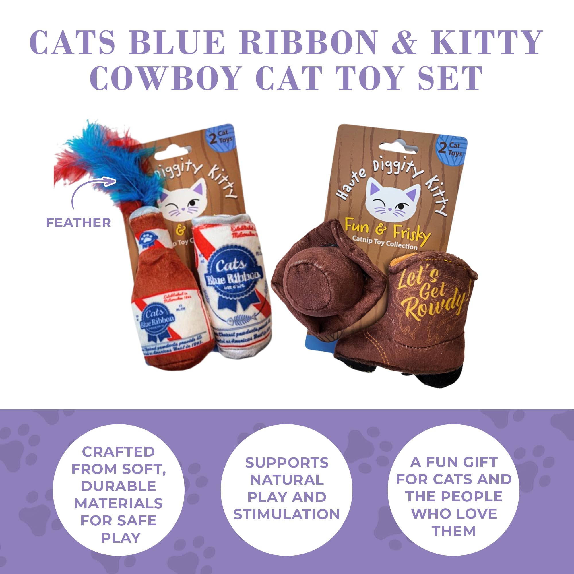 Haute Diggity Kitty Juego de cinta azul para gatos + gatito vaquero, juguetes de peluche para gatos rellenos de sonido crujido interactivo, juguetes seguros y duraderos para gatos y gatitos, 4 piezas
