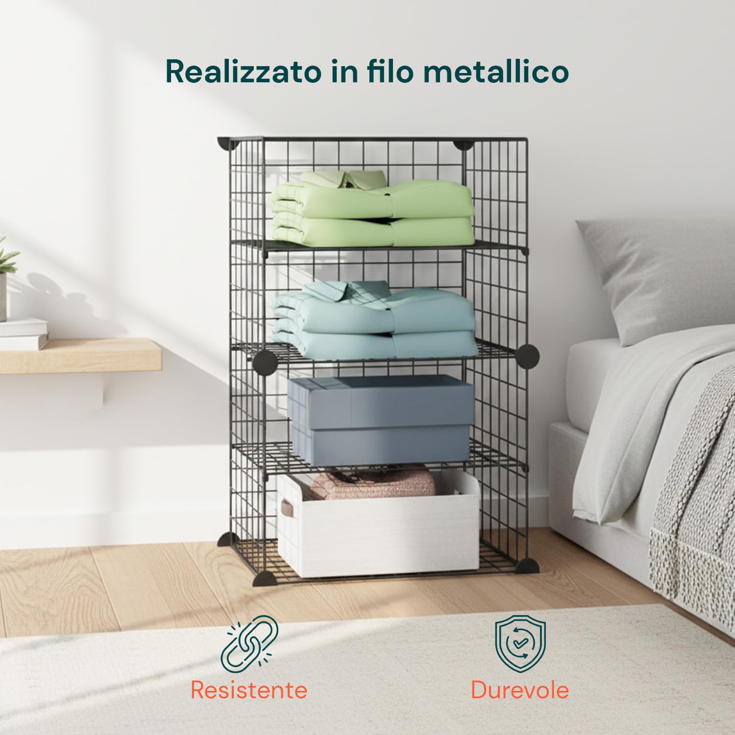 Avilia Scaffale a Rete in Ferro a 4 Ripiani – Scaffali in Metallo Salvaspazio Modulare per Cucina, Bagno e Ufficio - Mobile Scaffale Industrial Nero con Ripiani 35x35cm, Montaggio Senza Attrezzi
