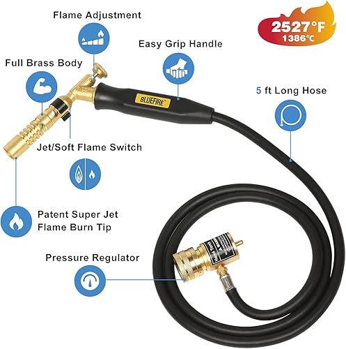 Miniatura 3 de BLUEFIRE MRAS-8210 Jumbo Turbo Flame - Kit de soplete de soldadura de gas propano de manguera de 5 pies con cabezal de boquilla de gas MAPP de gran