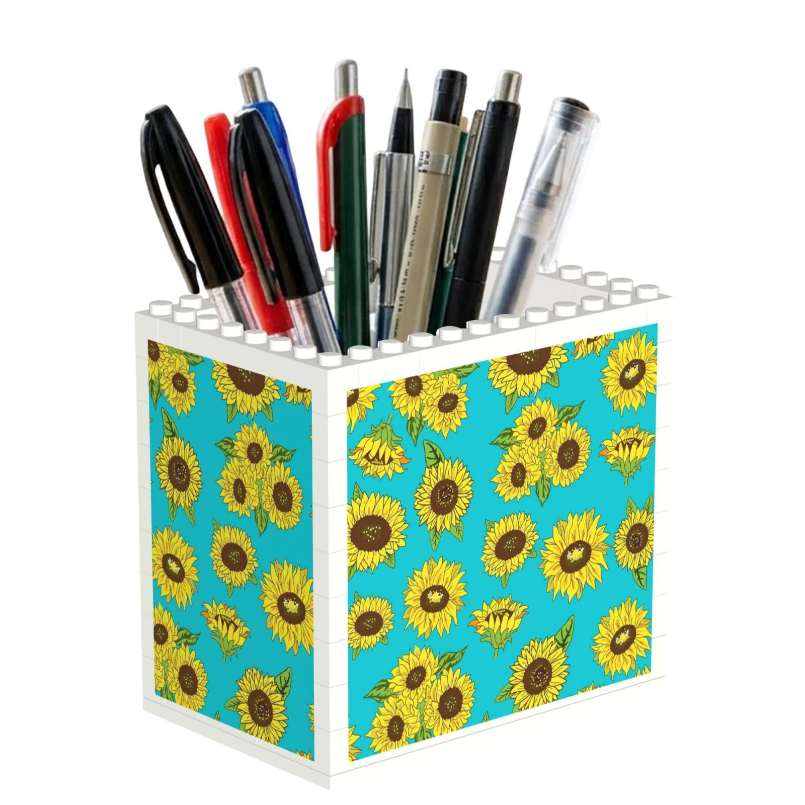 SATUSA Sunflowers Pattern Print Building Block Texture Pen Holder - Pencil Holder For Desk Pen Organizer,Aesthetic Desk Accessories For Women(1pcs)