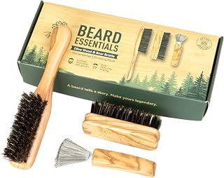 Boar Bristle Beard Brush for Men, Premium Olive Wood Beard Comb and Brush Set, 3-Piece Male Grooming Kit with Travel Storage Bag for Mustache Growth & Styling, Ideal Mens Gift