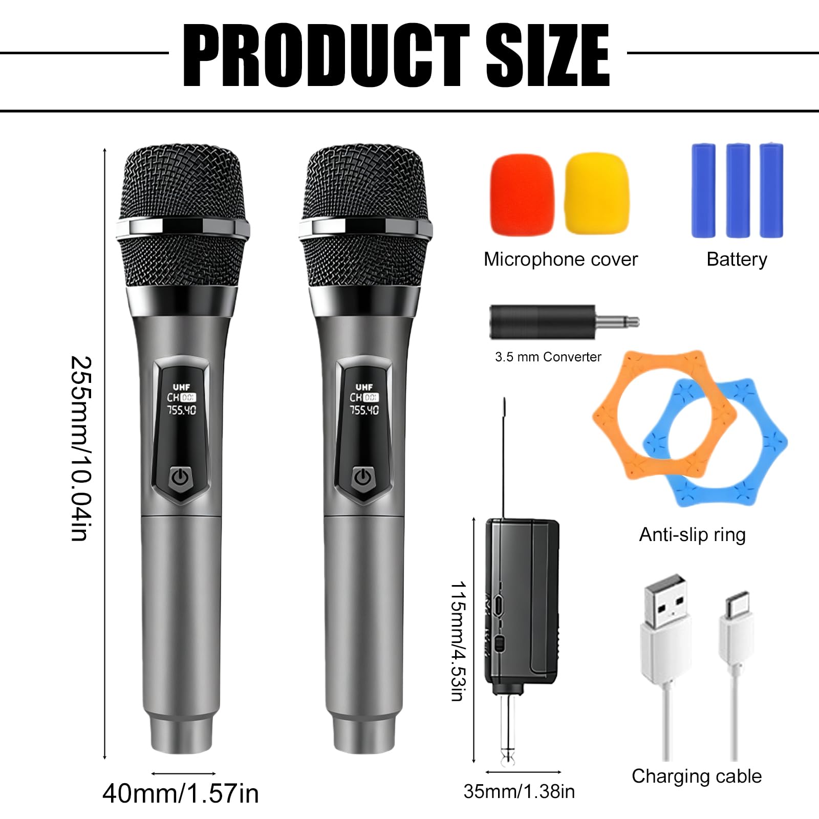 PORFOYO Microfono Senza Fili, Set da 2 Microfoni UHF, Set di Microfoni con Ricevitore Ricaricabile, Doppio Microfono a Mano, Portata 50m per Karaoke, Canto, Festa, Palcoscenico, Matrimonio, DJ