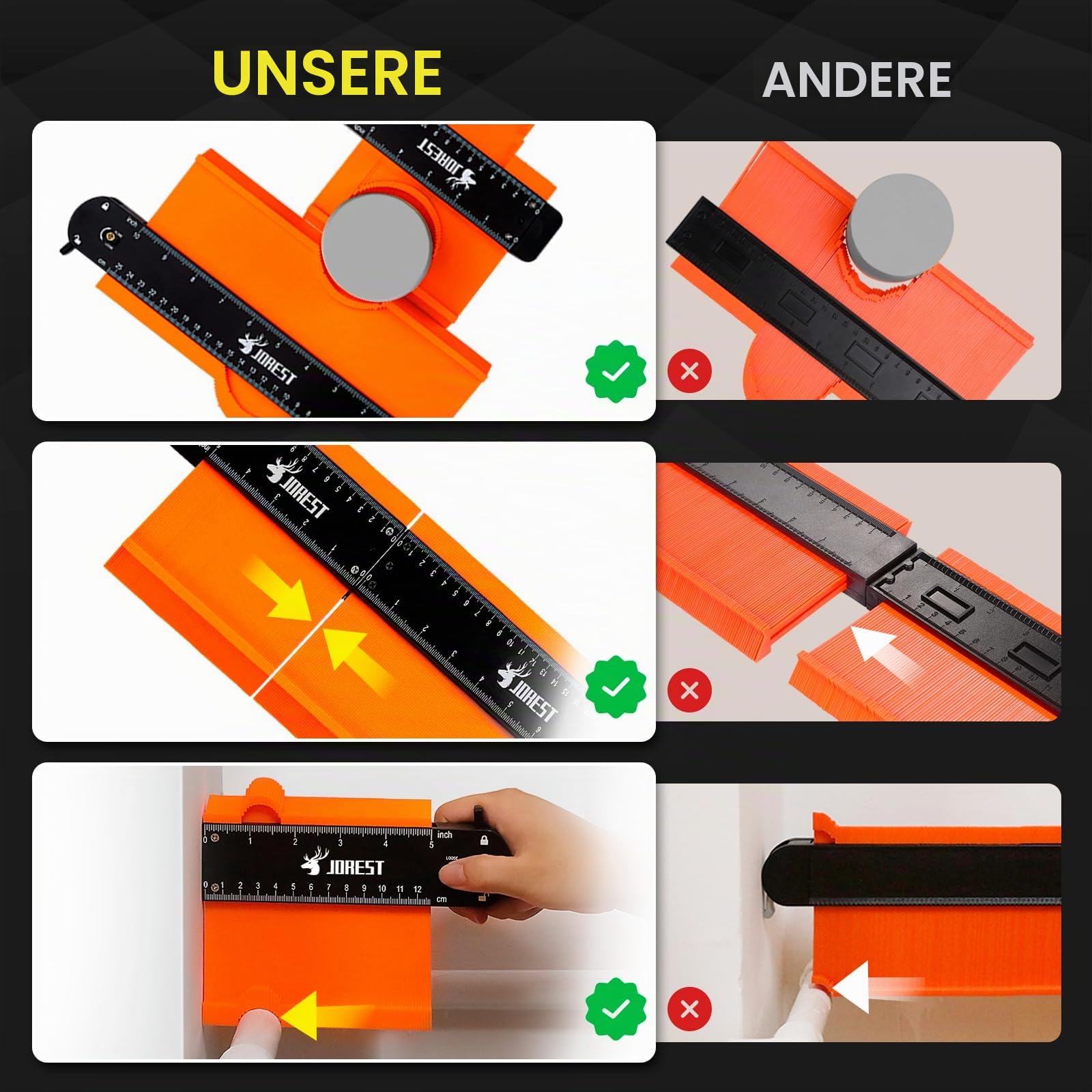 JOREST Anschließbare Konturenlehre 25+12cm, Weihnachtsgeschenke für Vater Männer Handwerker, Konturenlehr Groß Feststell, Konturschablone, Vervielfältigungslehre, Laminat Schablone, Konturmessgerät