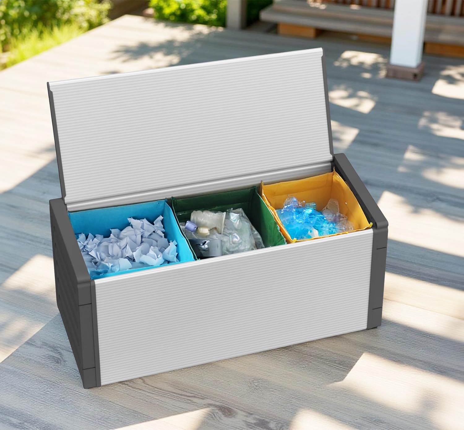 BuyStar Baule Cassapanca 87 Lt per Raccolta Differenziata 85x34x38 cm + 3 Borse per Riciclaggio - da Esterno, Anti Odore, in Resina, Terrazzo, Giardino, Organizzazione, Stoccaggio - Made in Italy