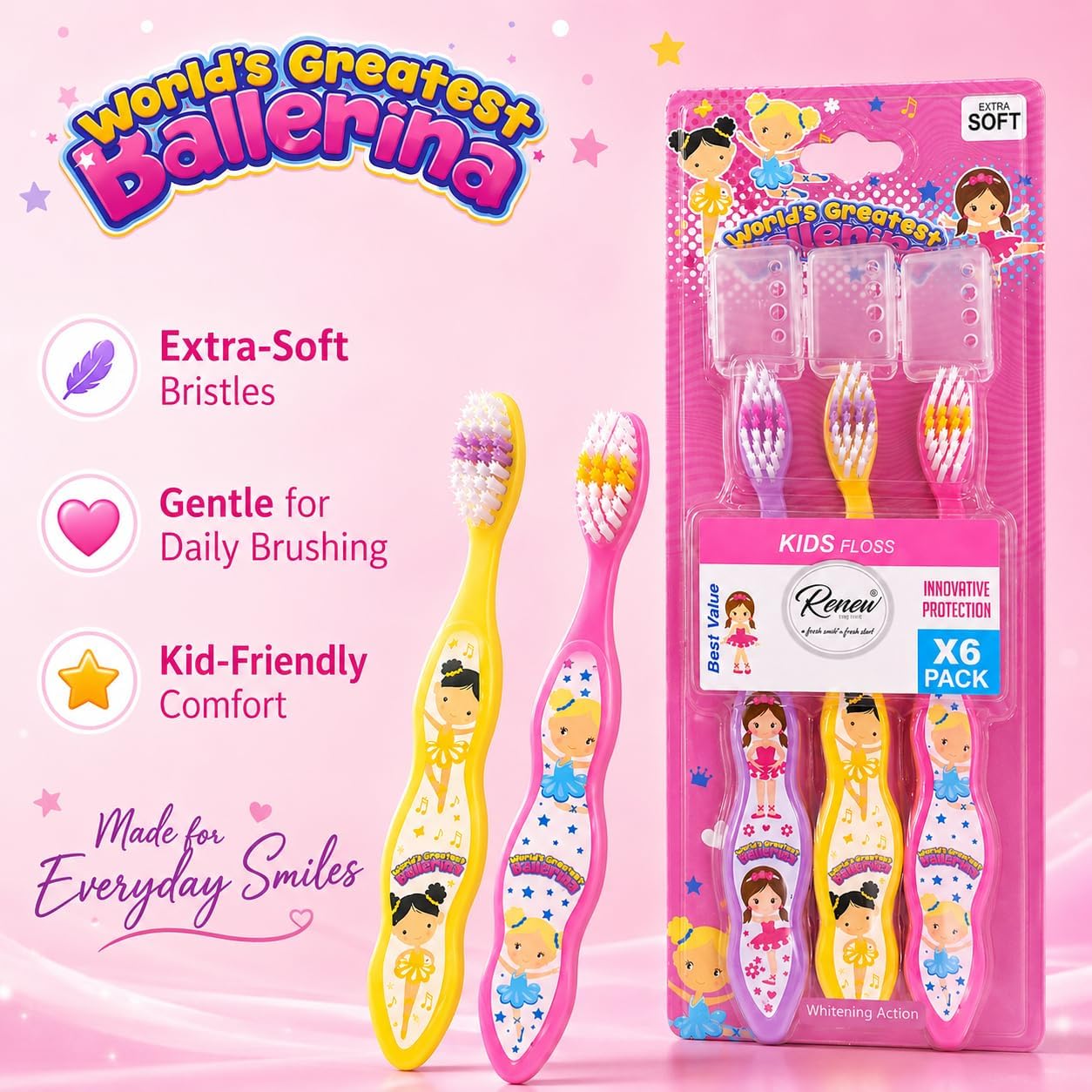 Renew The Life Kids Toothbrush - Greatest Ballerina, Soft Bristle Manual Travel Tooth Brush with Caps for Boys & Girls, Extra Soft, 3 Pack