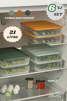 Buzdolabı Düzenleyici Saklama Kabı Seti, 6'lı, 3.5 Litre, Renkli Kapaklı, BPA İçermeyen Plastik, Gıda Sınıfı, Mutfak ve Ev İçin, Hava Sızdırmaz