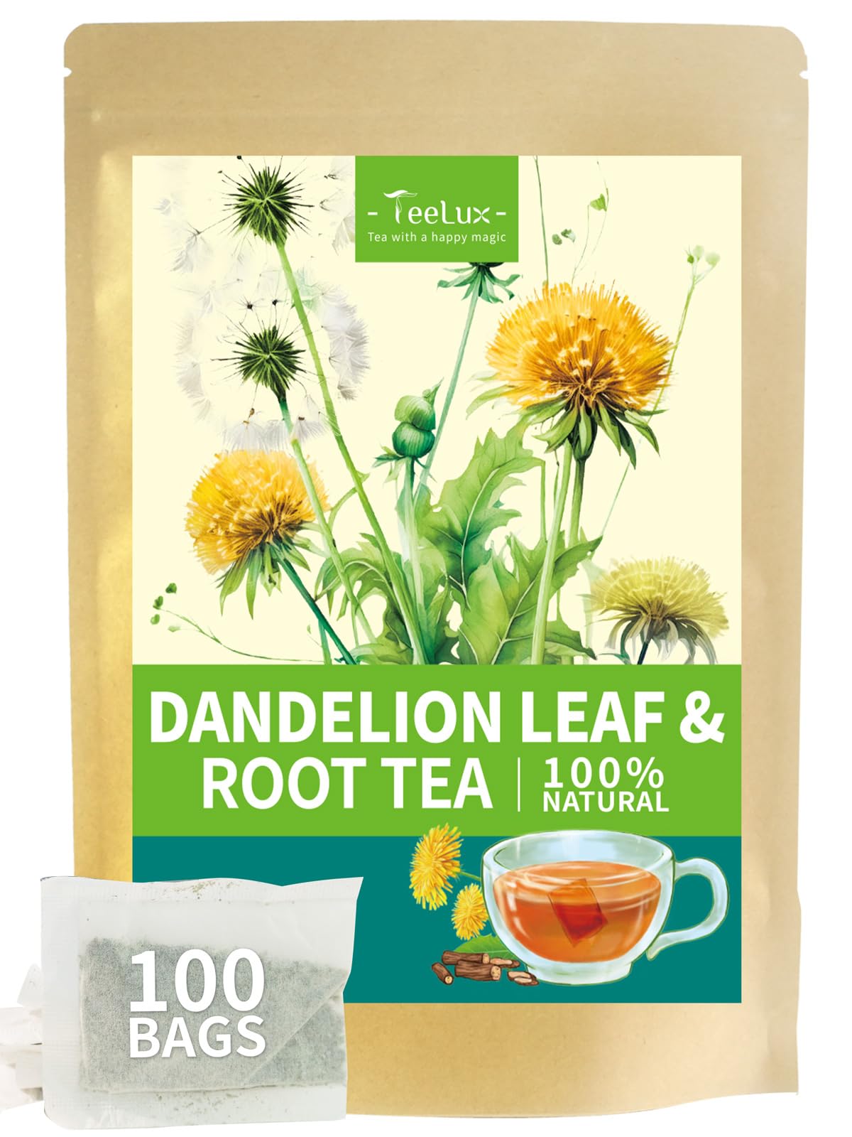 TeeLux Dandelion Leaf & Root Tea Bags 100 Count, Vegan, Rich Flavor, Premium Dandelion Tea, Natural Caffeine Free Herbal Tea