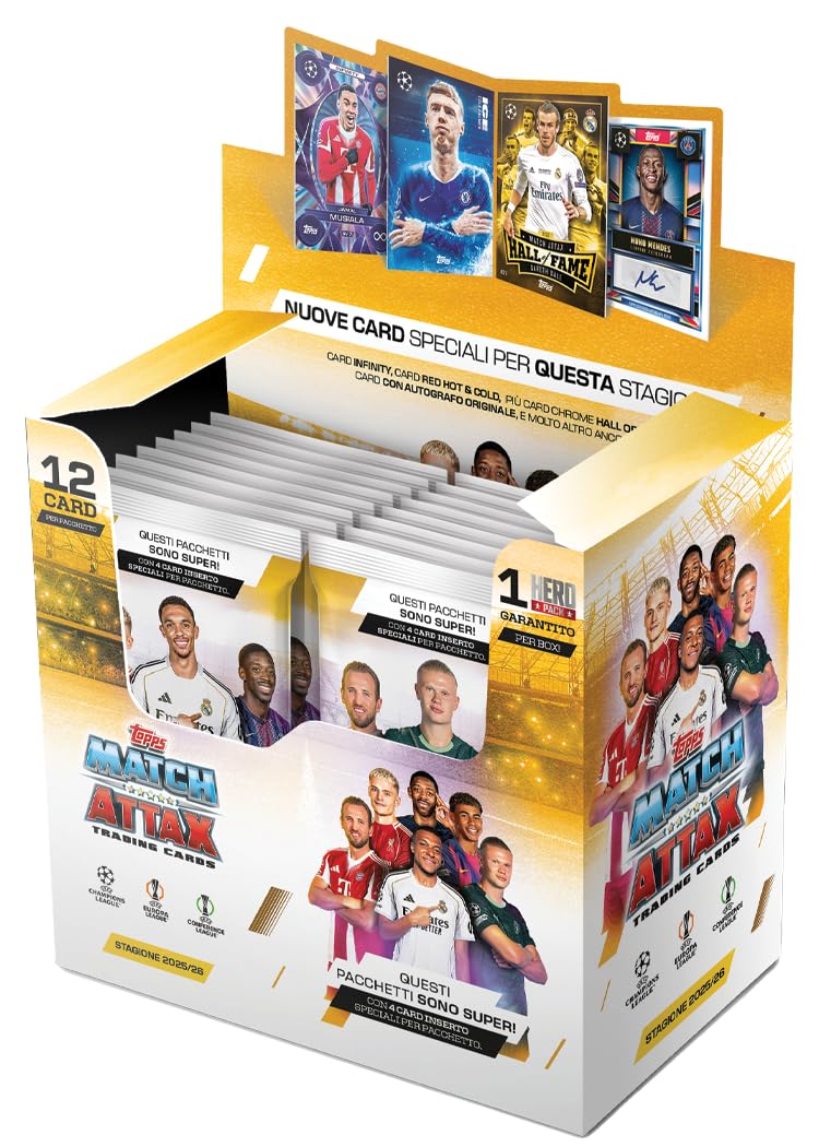 Topps UCC Match Attax 2025/26 -Scatola completa: contiene 32 pacchetti con 4 carte speciali inserite per pacchetto (12 carte per pacchetto).