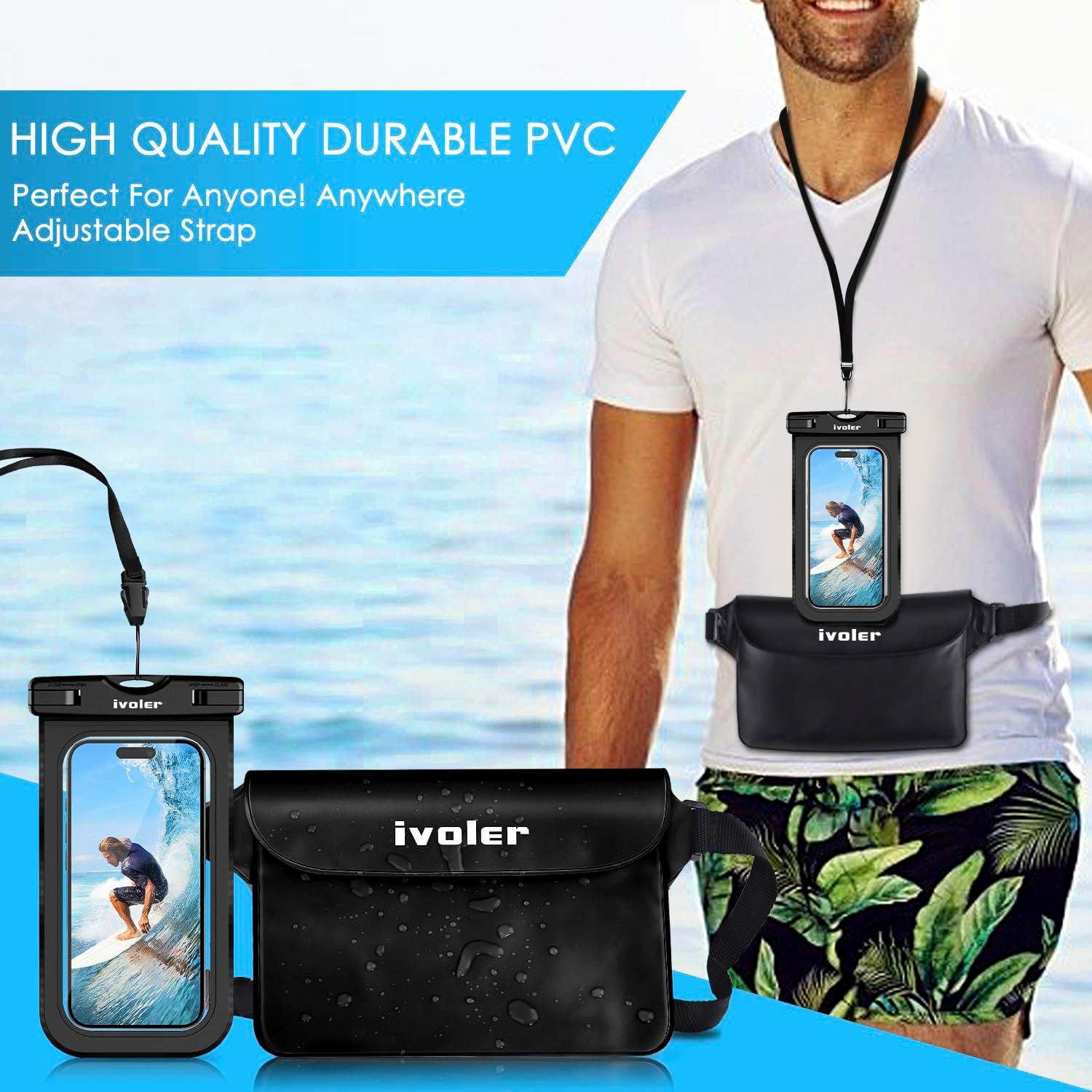 ivoler 2-Pack Waterproof Fanny Pack & Phone Pouch, Dry Bag for Passport, Phone & Wallet, Floating Waterproof Phone Case for Beach, Swimming, Kayaking, Boating, Cruise Essentials & Travel, Black