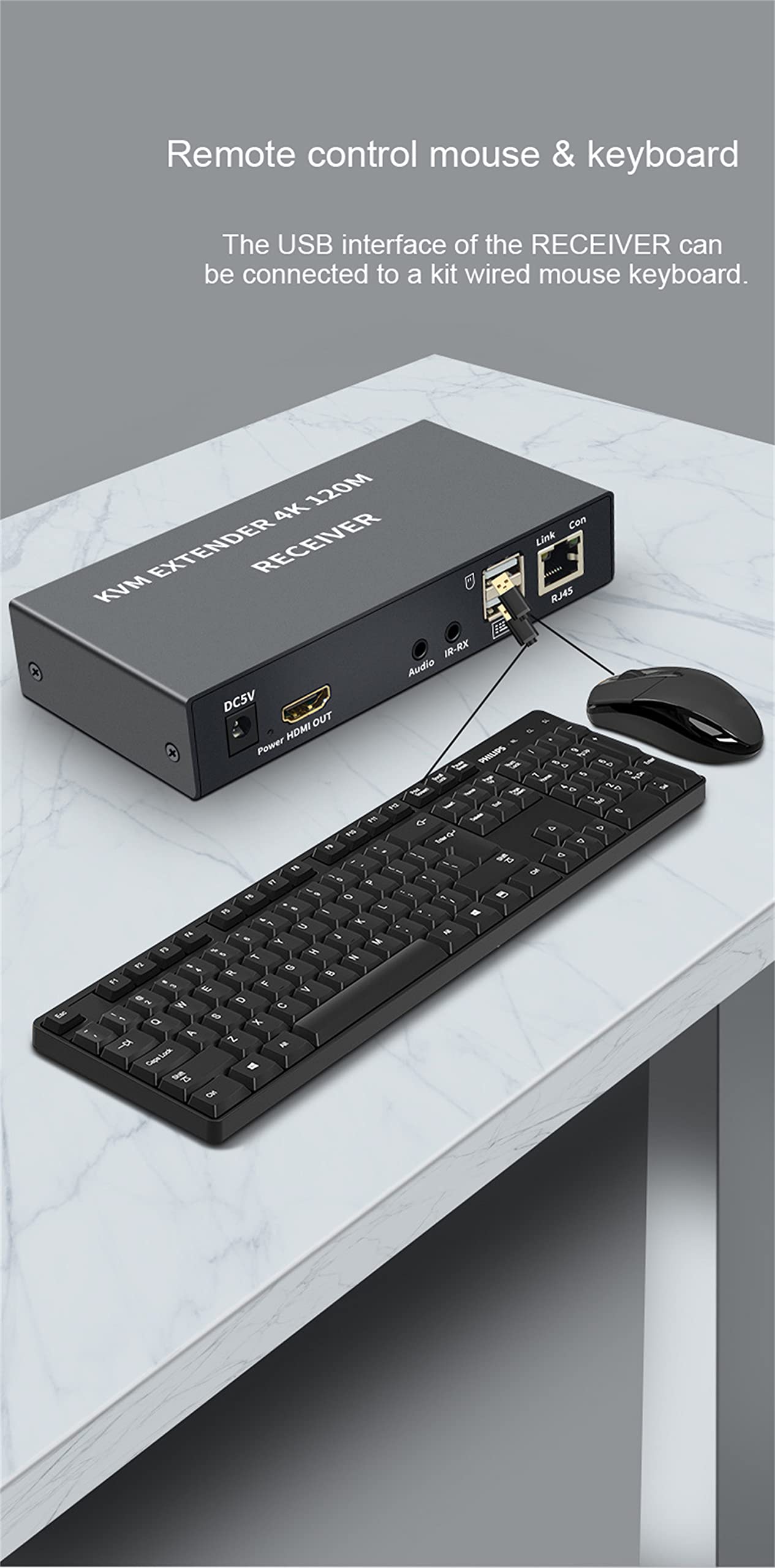 KVM EXTENDER 4K 120M Récepteur KVM HDMI 4K sur câble Ethernet Cat5e/6 120 m HDMI USB Extender Vidéo Audio Récepteur Prise en charge Clavier Souris Bouton-poussoir Noir ON-OFF
