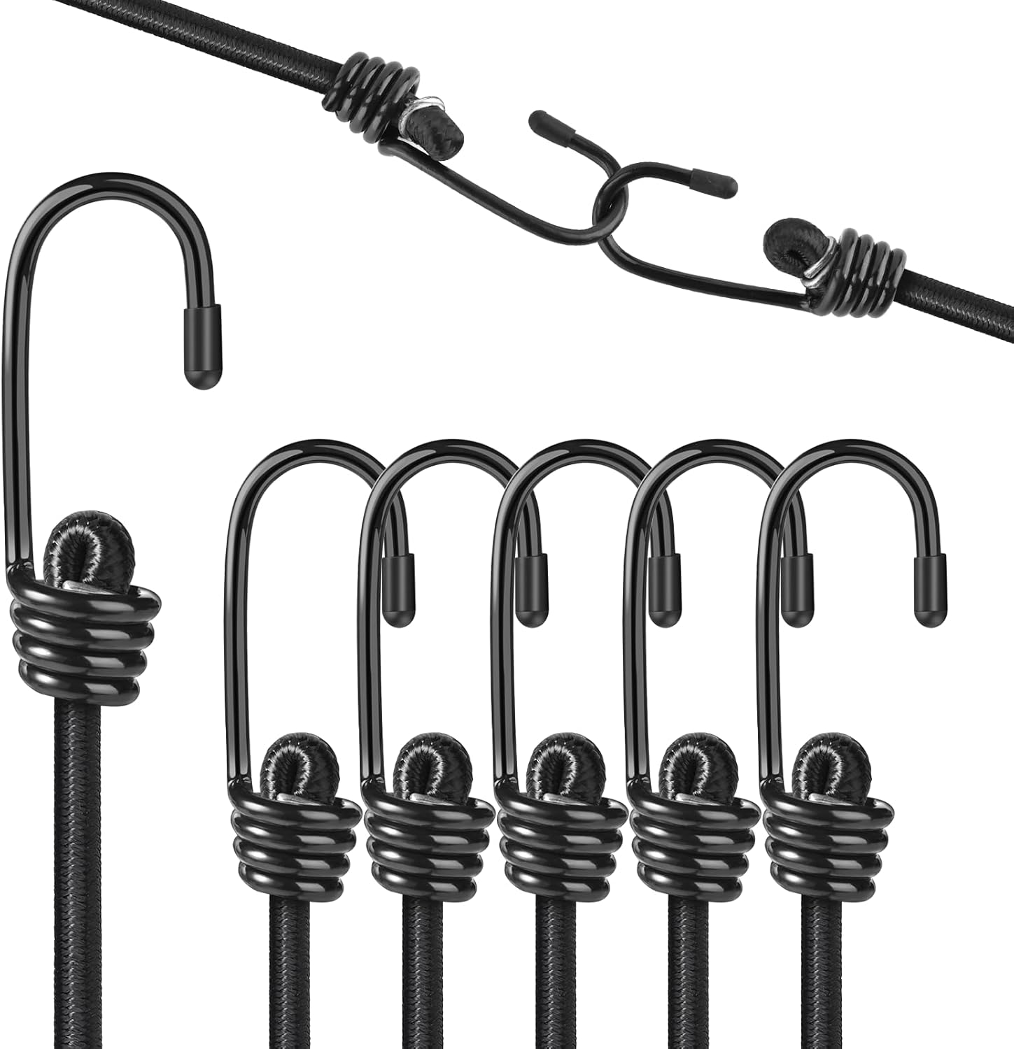 12 inch Bungee Cords with Hooks, 6 Pcs Heavy Duty Outdoor Elastic Bungee Straps for Luggage, Camping, Tarps, Bike Rack, Kayaking（Black）