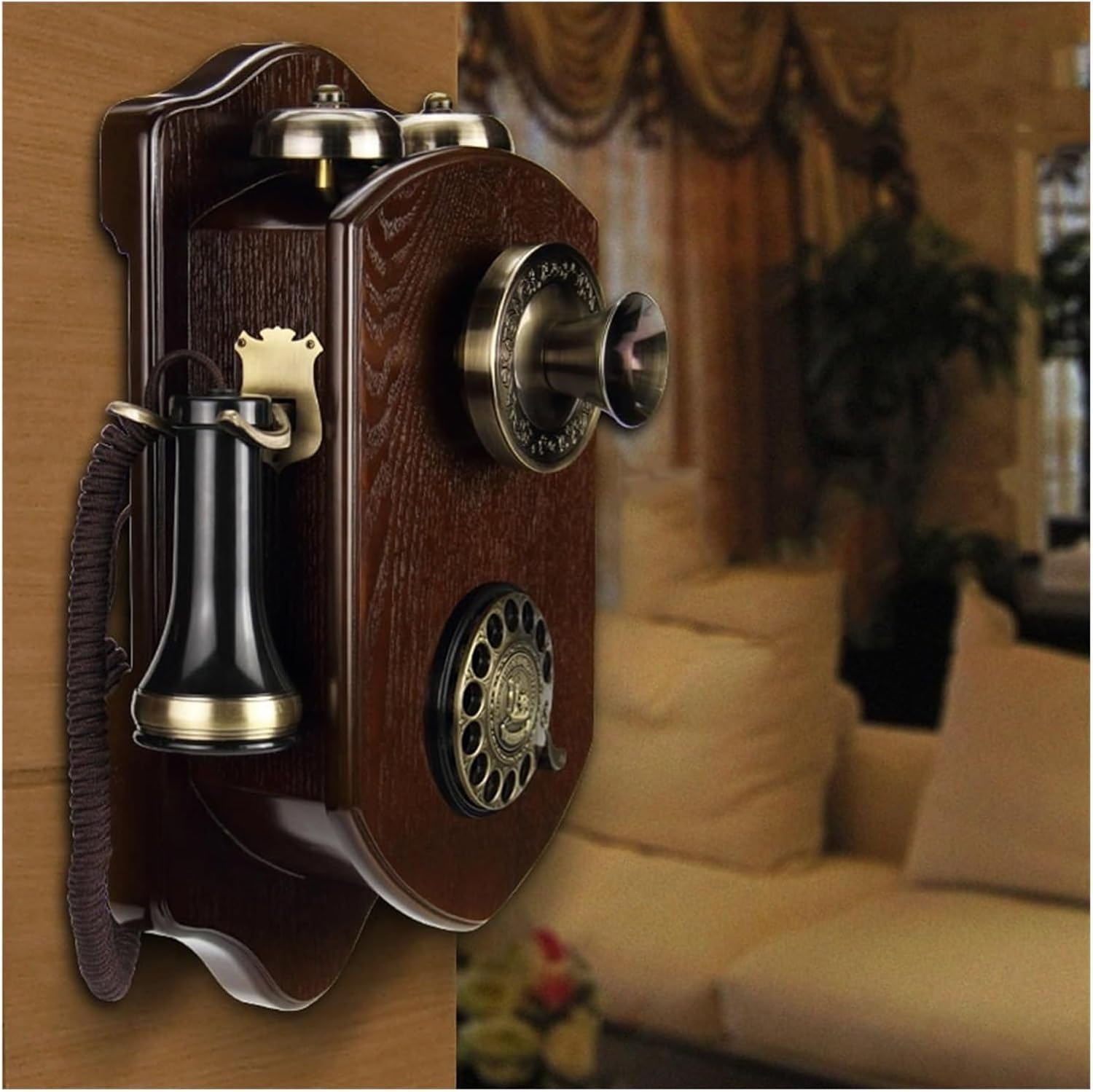Vintage Phone Vintage Wall Mounted Telephone Wood Old Telephone Retro with Rotary Dial Corded Phone Landline Antique