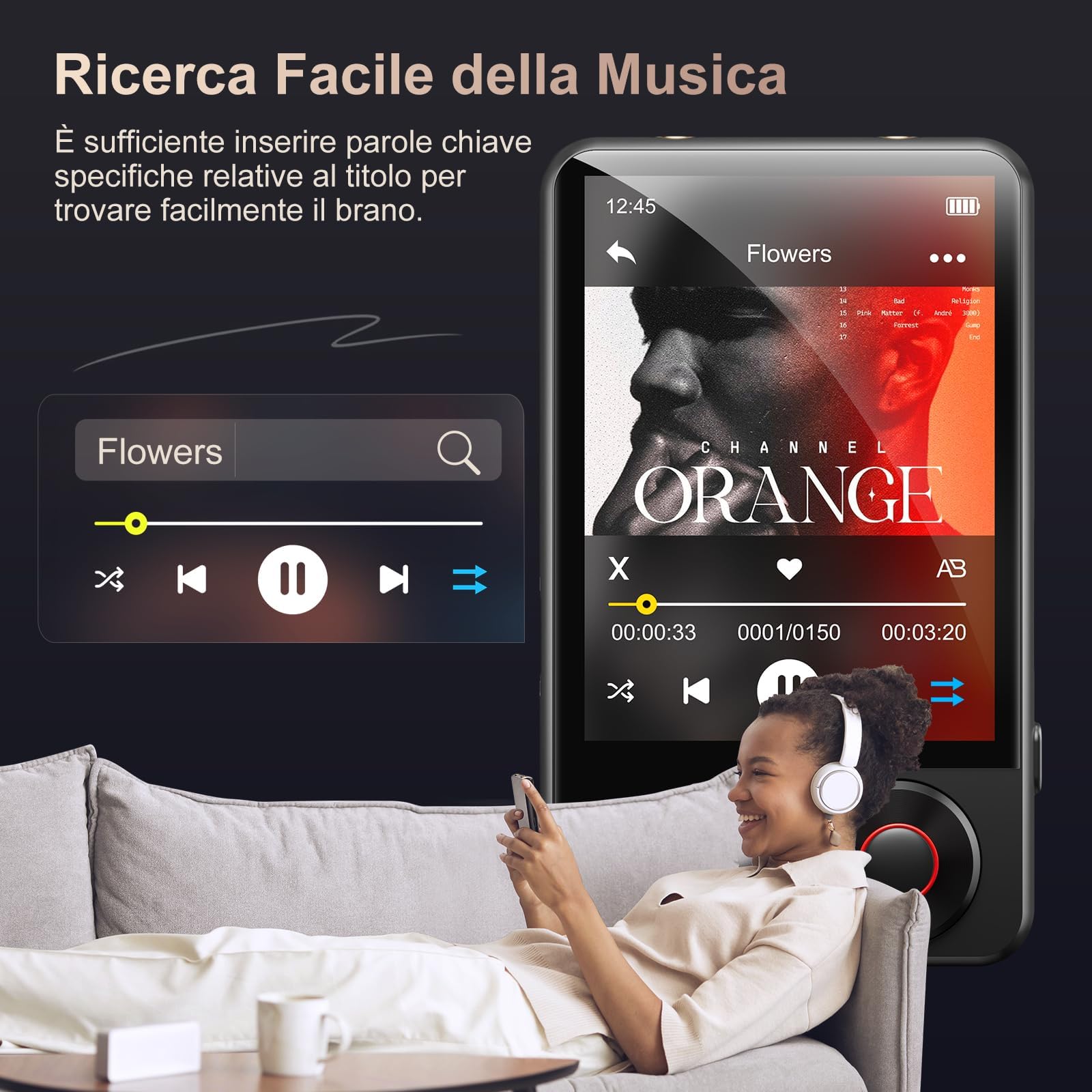 MECHEN Lettore MP3 128 GB con Bluetooth 5.3, Audio Duale, Touchscreen da 2,4 pollici, Funzione di Ricerca, Rotella di Scorrimento, Video, Radio FM, Registratore