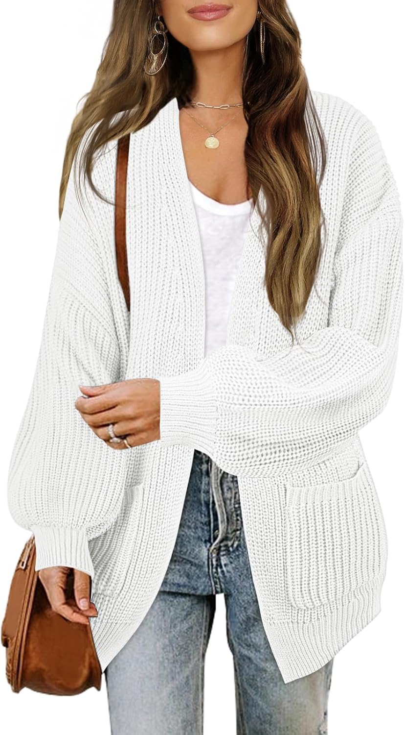 MEROKEETY Women's Fall Open Front Long Lantern Sleeve Cardigan Oversized Chunky Outwear with Pocket