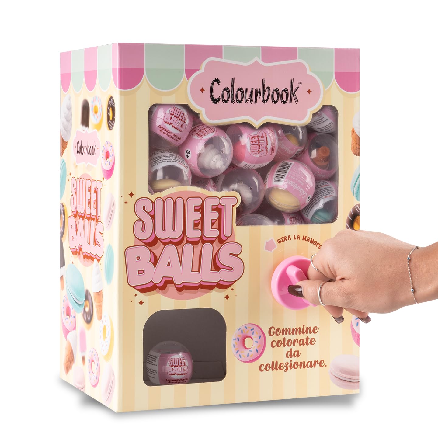 Colourbook Luna Park - Distributore Automatico Gomme da Cancellare, 40+40 Palline, Soggetti da Collezione, Sweet Balls