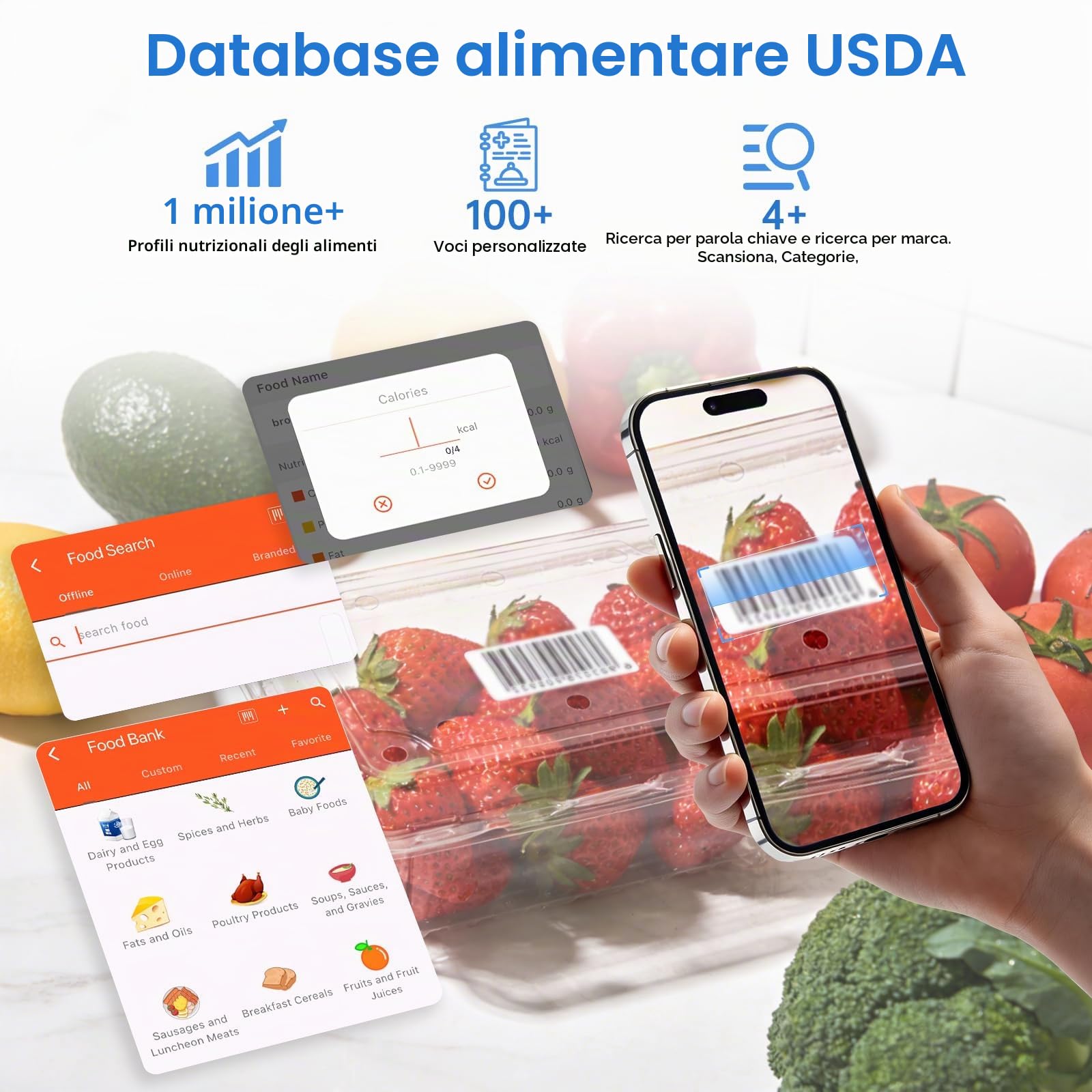 Smart Food - Bilancia da cucina con calcolatrice nutrizionale, app 30 nutrienti per il monitoraggio di calorie, grassi, carboidrati e proteine, obiettivi personali e rapporti giornalieri, informazioni
