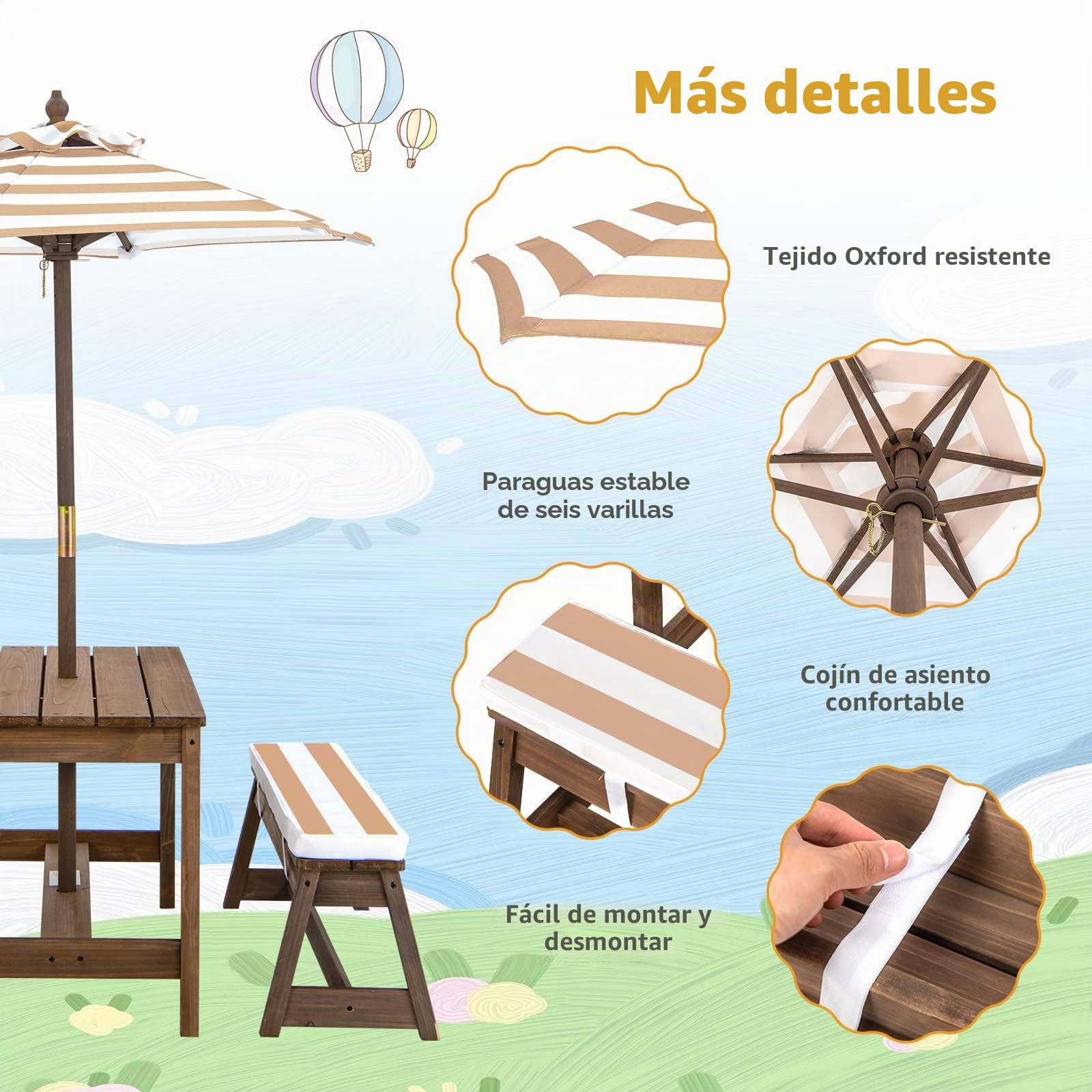 GOPLUS Conjunto 4 en 1 de 1 Mesa +2 Banco +1 sombrilla para niños, Mesa de Actividades y Banco de Madera de Abeto para niños, Conjunto de Muebles portátiles de Exterior para 4 Personas (marrón)