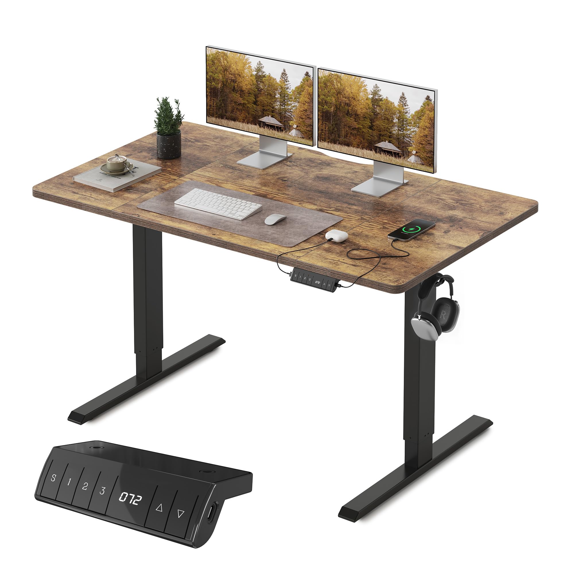 FEZIBO Höhenverstellbarer Schreibtisch mit USB-A und USB-C-Ladeanschlüssen, Schreibtisch Höhenverstellbar Elektrisch, Ergonomischer Steh-Sitz Tisch für Heimbüro, Standing Desk
