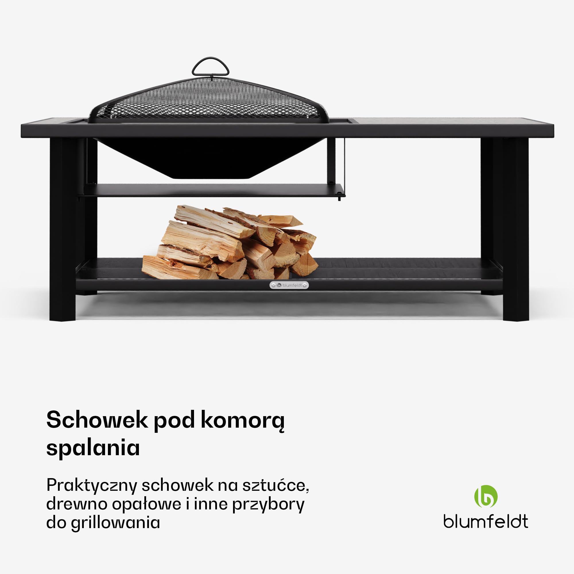 Blumfeldt Merano Avanzato L palenisko 3 w 1 z rusztem do grillowania i stołem, wytrzymała rama stalowa, blat stołu z terrazzo, w zestawie ochrona przed iskrami, pogrzebaczem i pokrywą, do ogrodu i na