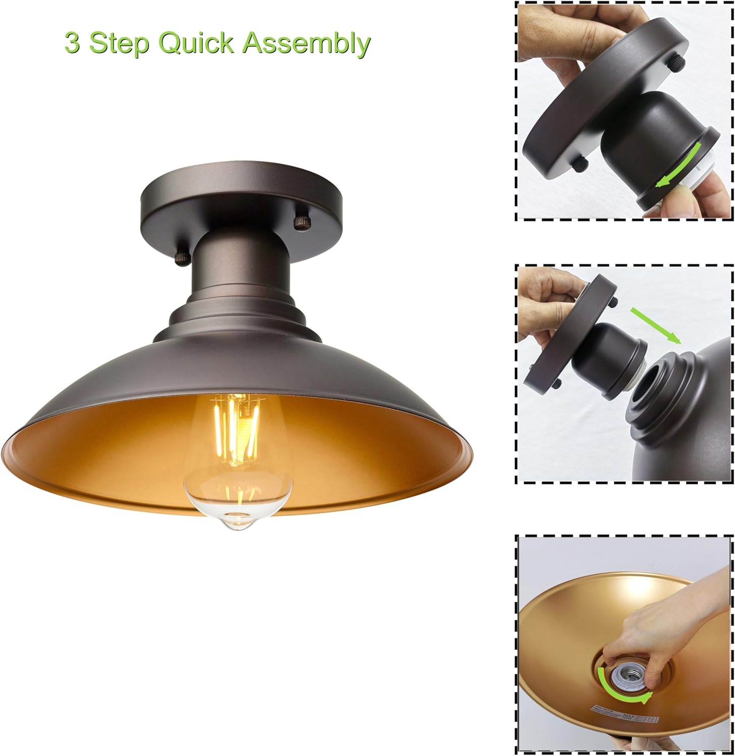 GOLDHILL 10.5" Outdoor Semi Flush Mount Light 2 Pack, Bronze & Gold Metal Ceiling Fixture Set, Rust-Proof Powder Coated Exterior Lighting for Porch, Garage & Hallway