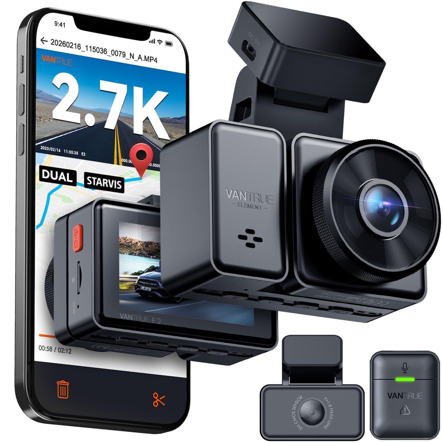 VANTRUE E2 2.7K+2.7K Dashcam vorne hinten, WDR Nachtsicht mit Fernbedienung