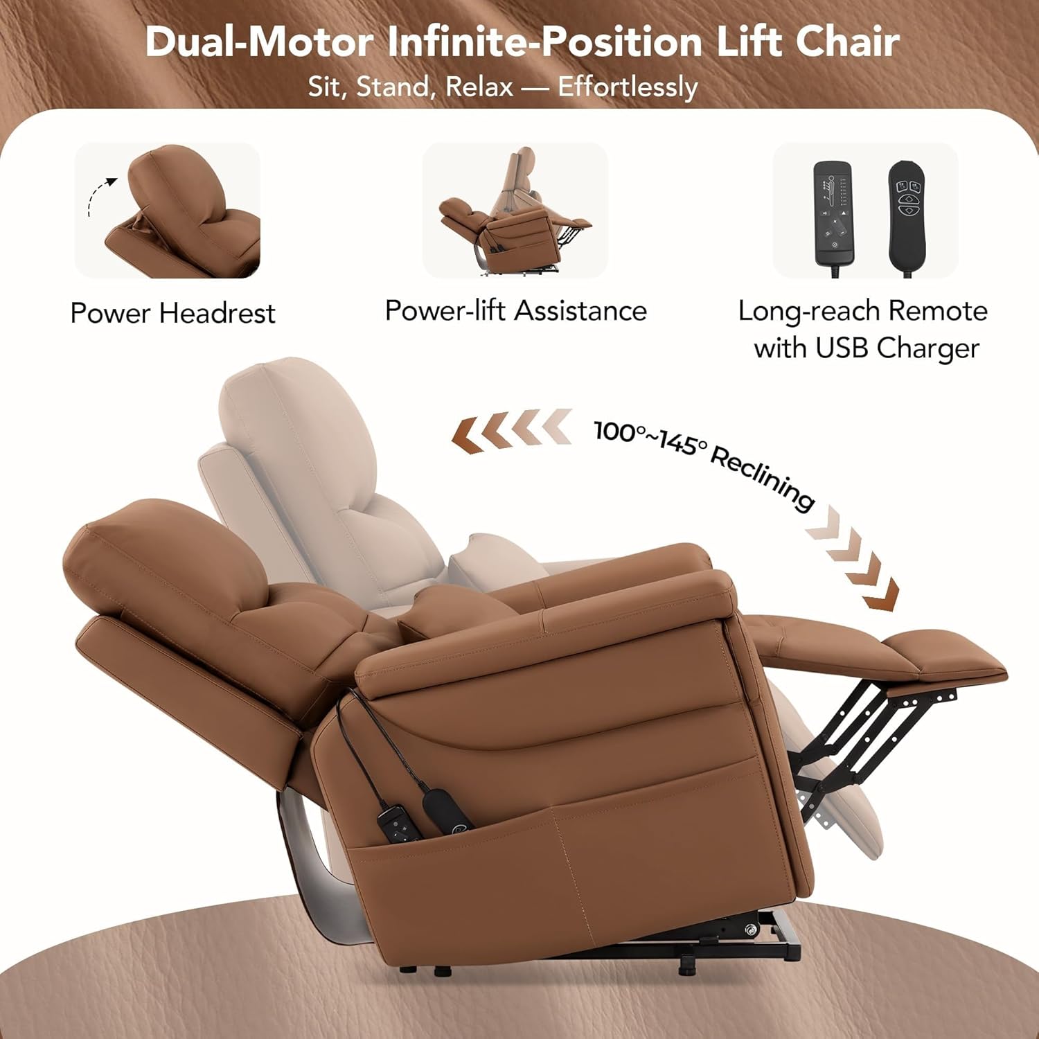 Genuine Leather Electric Lift Chairs with Power Headrest for Elderly with Heat and Massage Side Pockets Power Lift Recliner Chair Cup Holder, Removable Lumbar Pillow