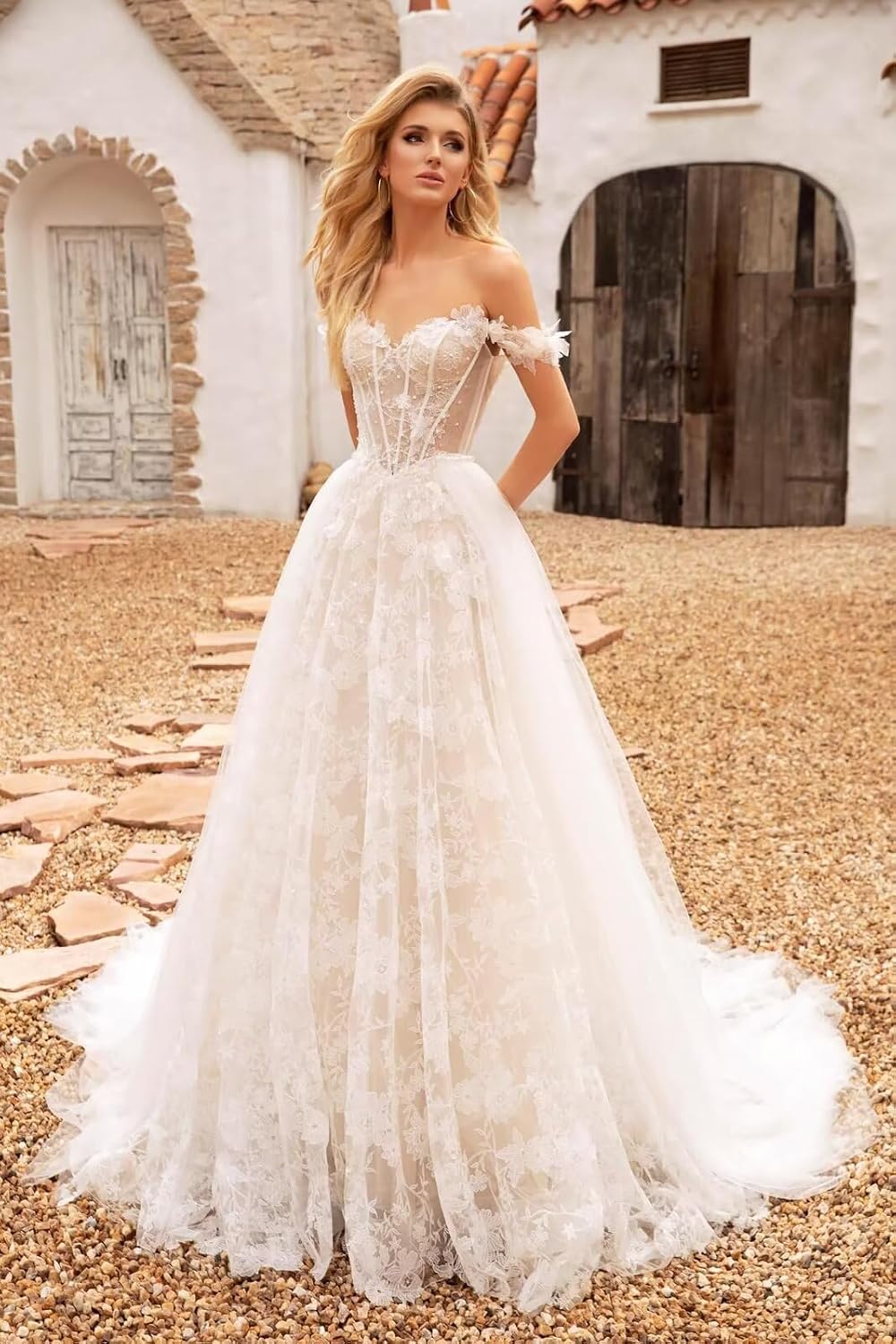 vintys Women's Tulle Lace Beach Wedding Dresses for Bride 2025 Chiffon Boho/Bohemian Bridal Wedding Gown VT060Style13