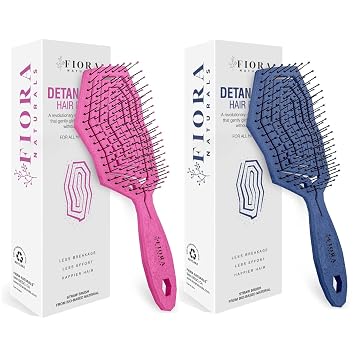Fiora Naturals Hair Detangling Brush -100% Bio-Friendly Detangler hair brush w/Ultra-soft Bristles- Glide Through Tangles with Ease Pnk & Navy Blue
