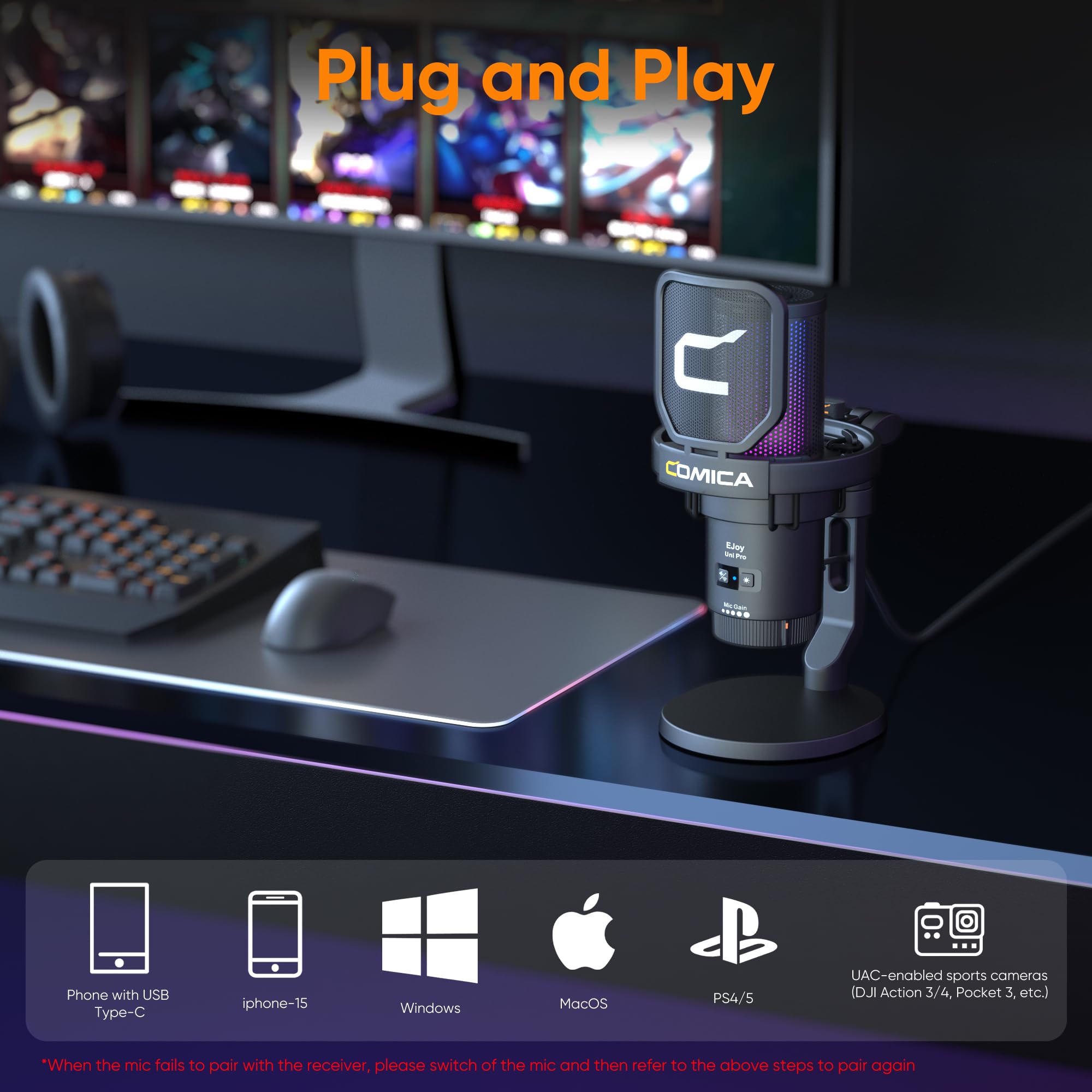 COMICA EJoy Uni Pro Kabellos USB Mikrofon PC, Gaming Mikrofon für Streaming Podcast Studio, PS4/PS5/MAC, Microphone Pc mit Geräuschunterdrückendes, RGB-Steuerung, Stummschaltung, Gain Regler-Black