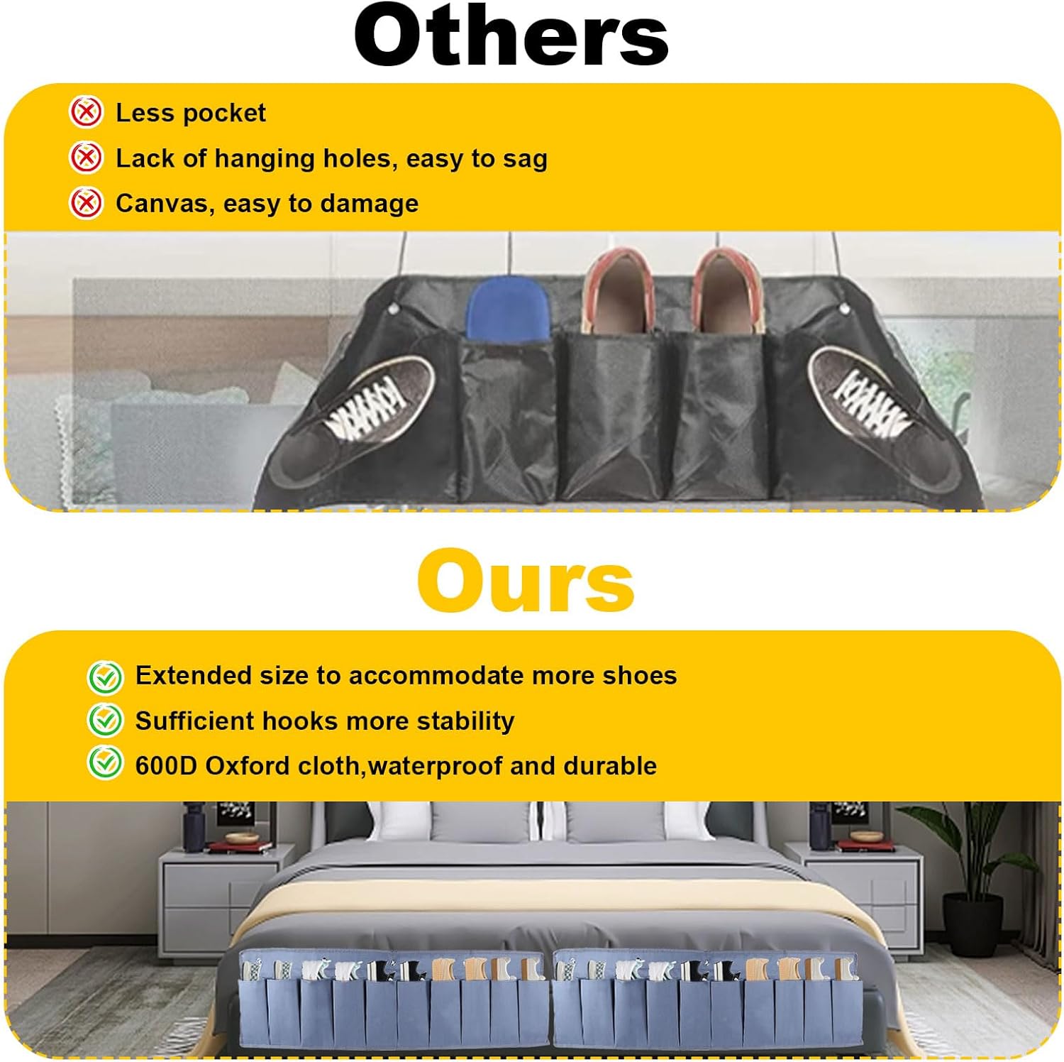 10 Pockets Large Deep RV Shoe Pockets with 10 hooks, Hanging Shoes Organizer for Bedside Heavy Hanging Bedside Storage Holder for RV Camper Bed Length 44.88" x 11.81" (2)