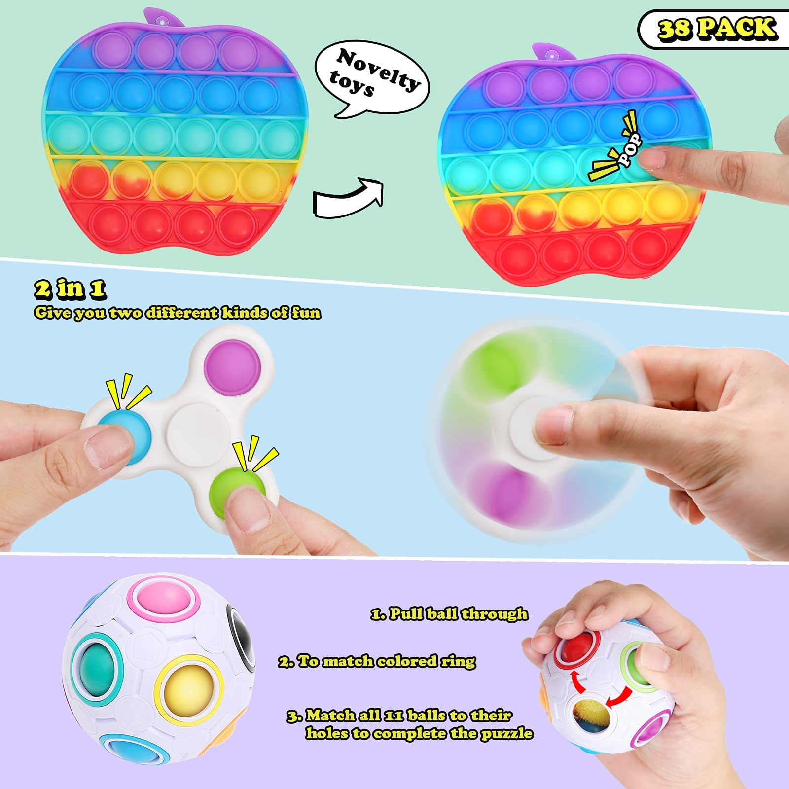 38Pcs Fidget Toys, Fidget PopIts Pack Popper Mini Bulk Toy Set for