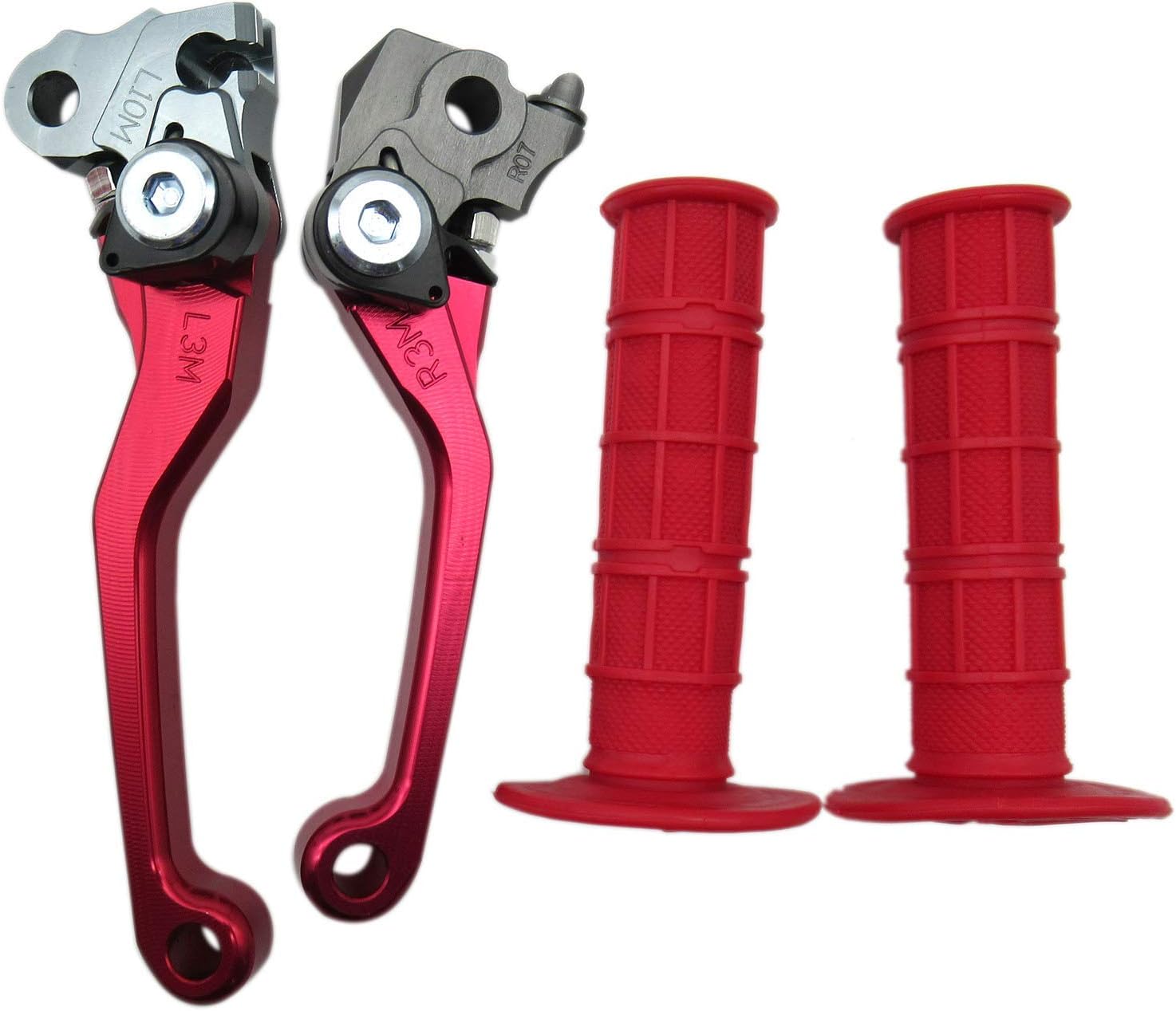 USonline911 Red CNC Motorcross Dirt Bike Pivot Brake Clutch Levers Set for Kawasaki KX100 2001-2017 w/ 7/8" 22mm Rubber Hand Grips