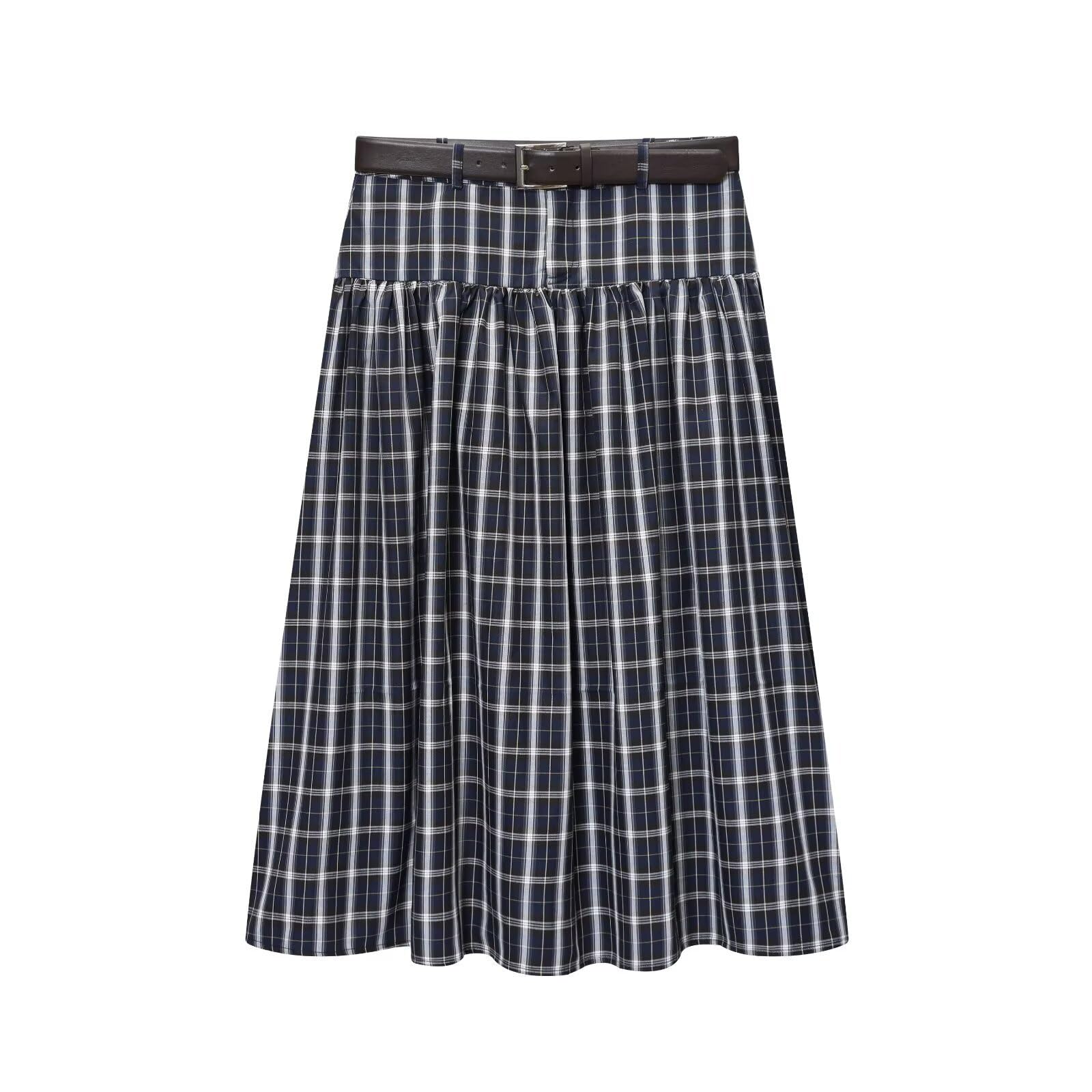 2026 Spring Ins Fashion Blogger Retro Checked Skirts with Belt Skirt Woman Clothing High Waist Midi Faldas Skirts