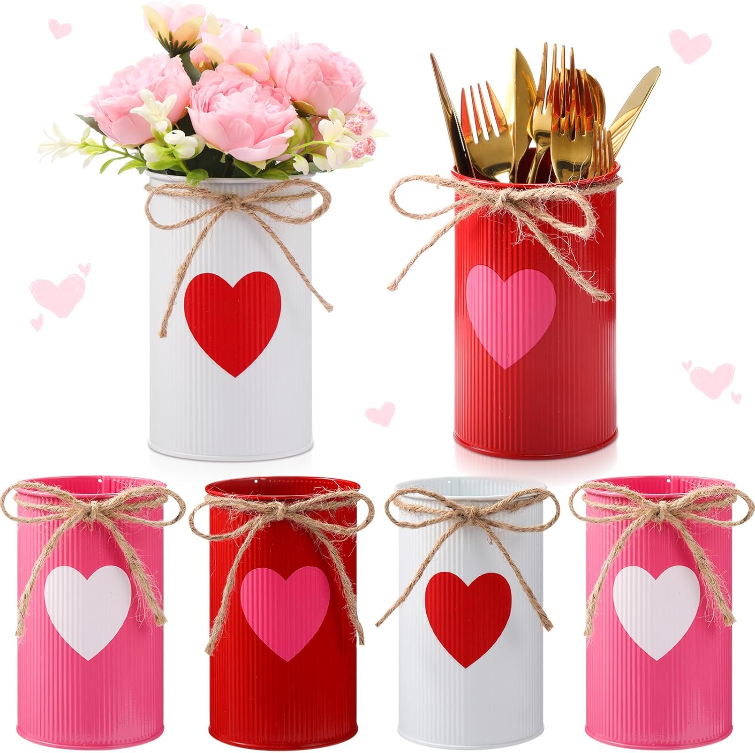 Domensi 6 Pcs Valentine's Day Vases Decor Valentines Table Centerpiece Red Pink Heart Galvanized Metal Vases for Flowers Utensil Holder Jar for Kitchen Home Wedding Galentine's Day Party Decorations