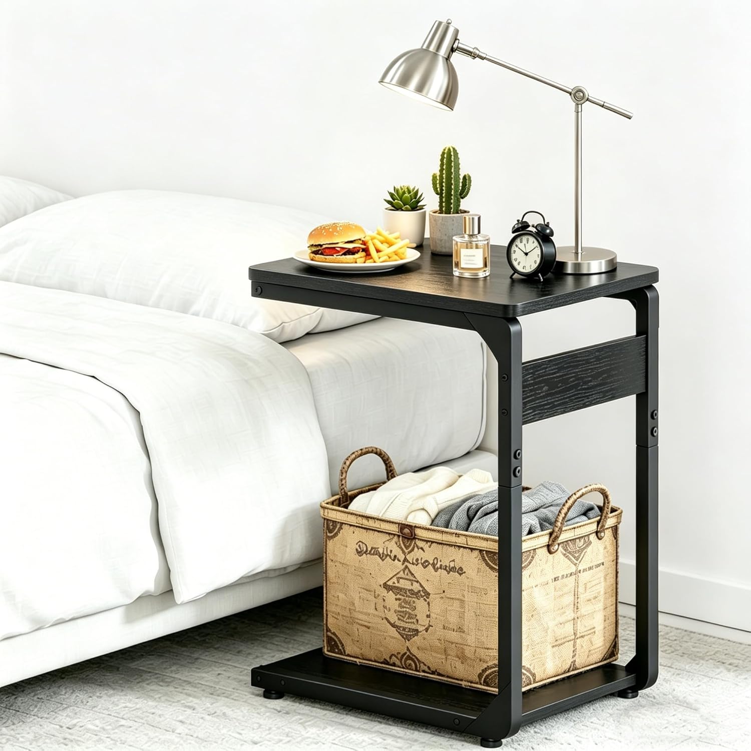 Small End Table, Narrow Nightstand, C Shaped Couch Side Table, Sofa TV Tray Table, Night Stand for Bedroom, Bedside, Living Room ET-YB-Bk1