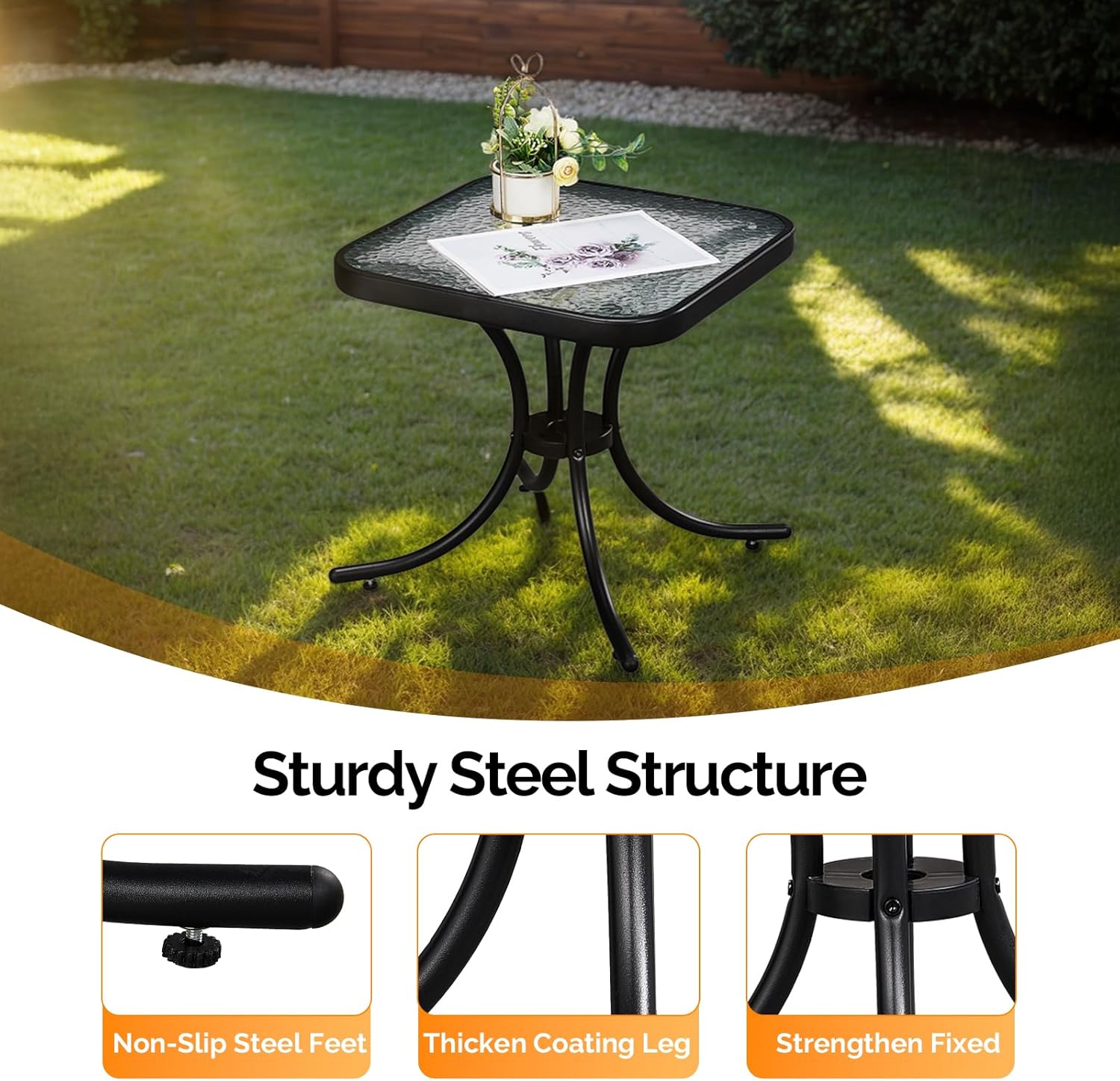 VINGLI Outdoor Side Table, 18" Patio Table Steel Frame Tempered Glass Top, Weatherproof Small Tables for Balcony Garden Poolside (Black, Square)