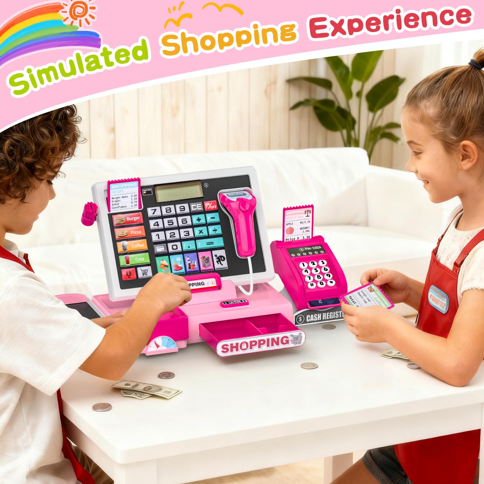 Caja Registradora Juguetes Multifuncional,Juguetes de rol de Caja registradora de supermercado, Incluye Funciones de escaneo y Sonido, JJuguete de rol Apto para Niños y Niñas a Partir de 3 Años (Rosa)