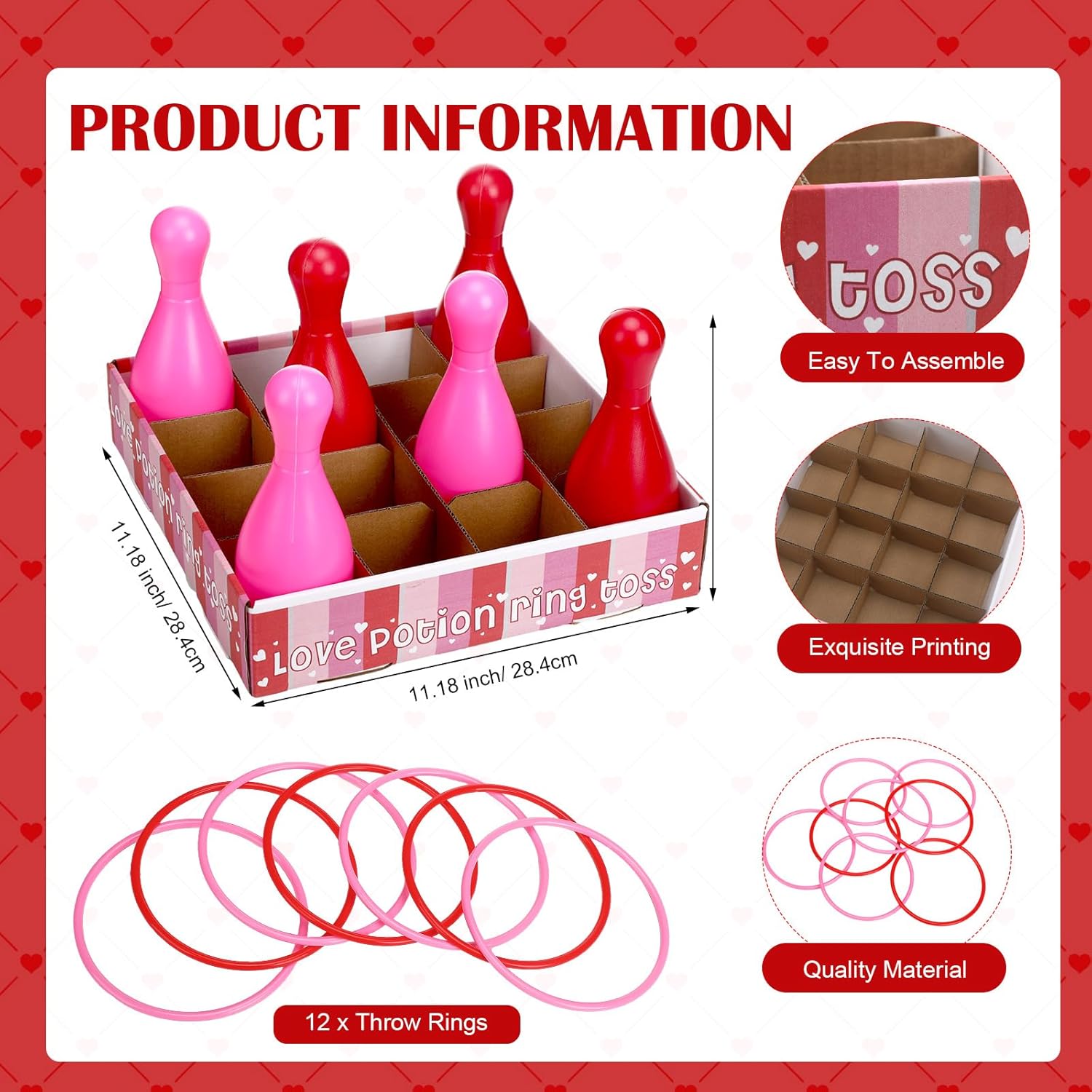 25 Pcs Valentine Bottle Toss Game for Kids Ring Toss Valentine's Day Games with Pink Red Hearts Box 12 Plastic Bottles 12 Throw Rings for Party Backyard Outdoor Activity