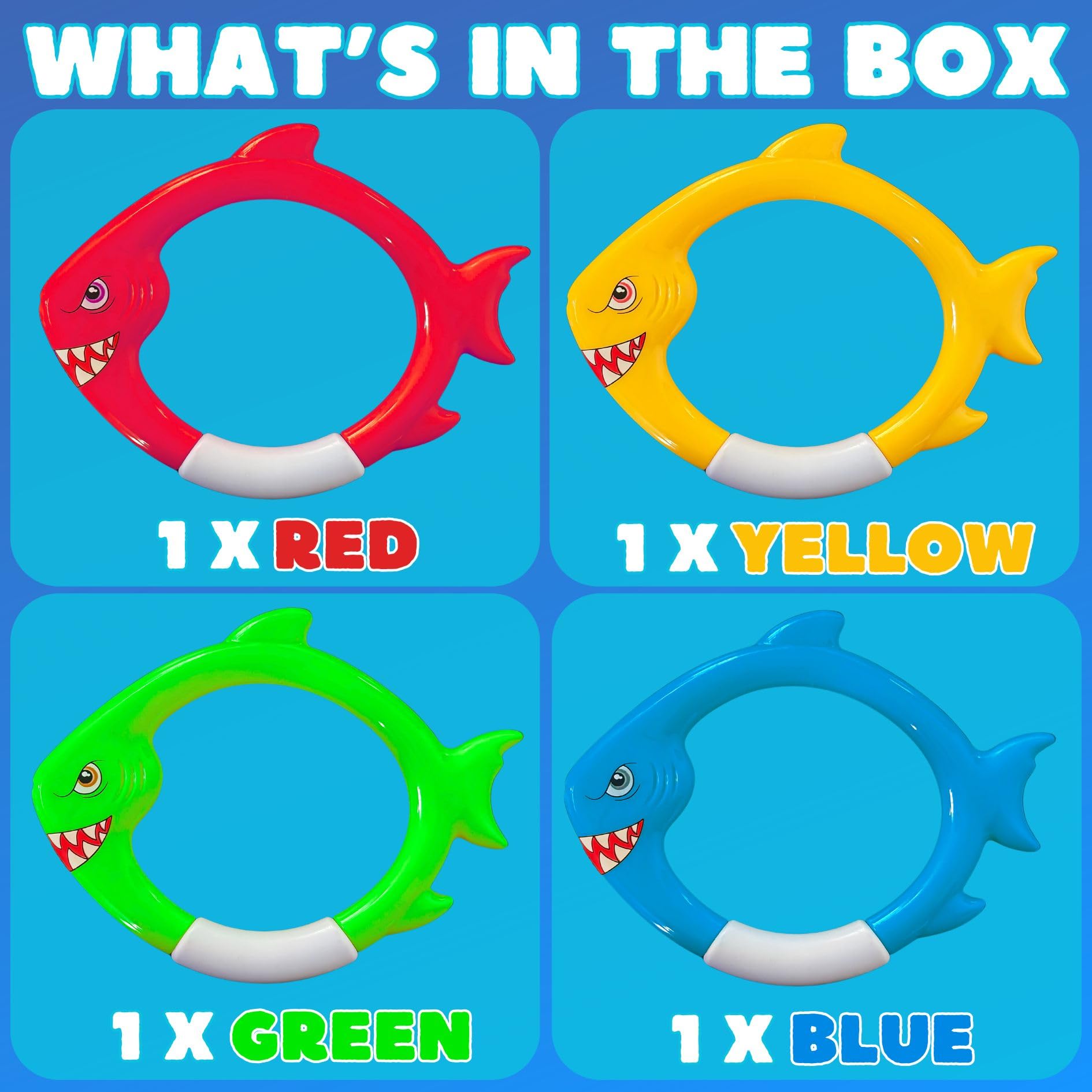 Lot de 4 anneaux de plongée avec requin – Jouets de piscine pour enfants, garçons, garçons et filles, anneaux de poissons sous-marins colorés pour jeux de piscine, entraînement à la natation, jeux de