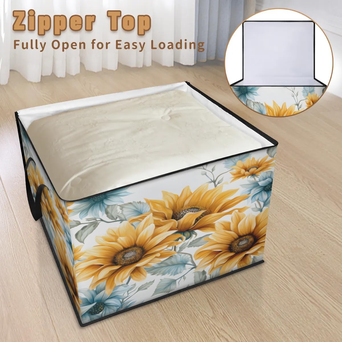 Honeybaby 214L Extra Large Comforter Storage Bag Sunflowers Pattern Storage Totes with Lids Waterproof Closet Organizer Folding Blanket Storage Bags for Clothes Bedding Pillows