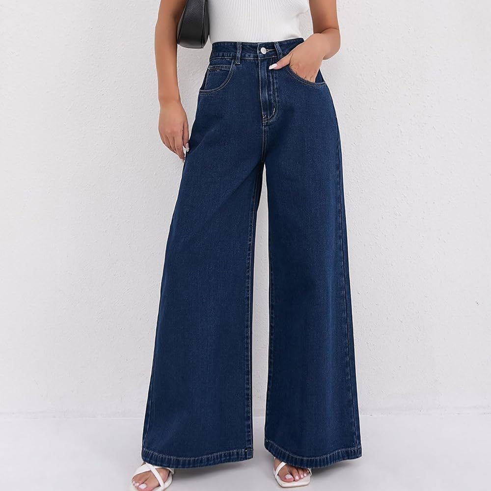 Générique 2025 Jean Femme Taille Elastique, Baggy Jambe Large Slim Pantalon Femme Taille Elastique Denim Extensible Jean Taille Haute Femmes Avec 4