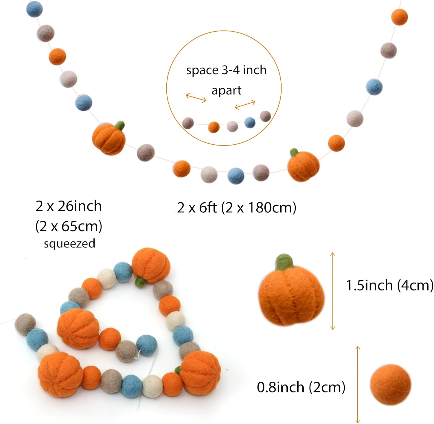 Glaciart One Felt Balls + Pumpkin Garland 2 Pcs - Easy to Hang Halloween Party Banner Decoration - Fall Décor, 100% New Zealand Wool, Hand-Felted in Nepal - 6' Long, 21 Pom Poms, 4 Pumpkins Ornaments